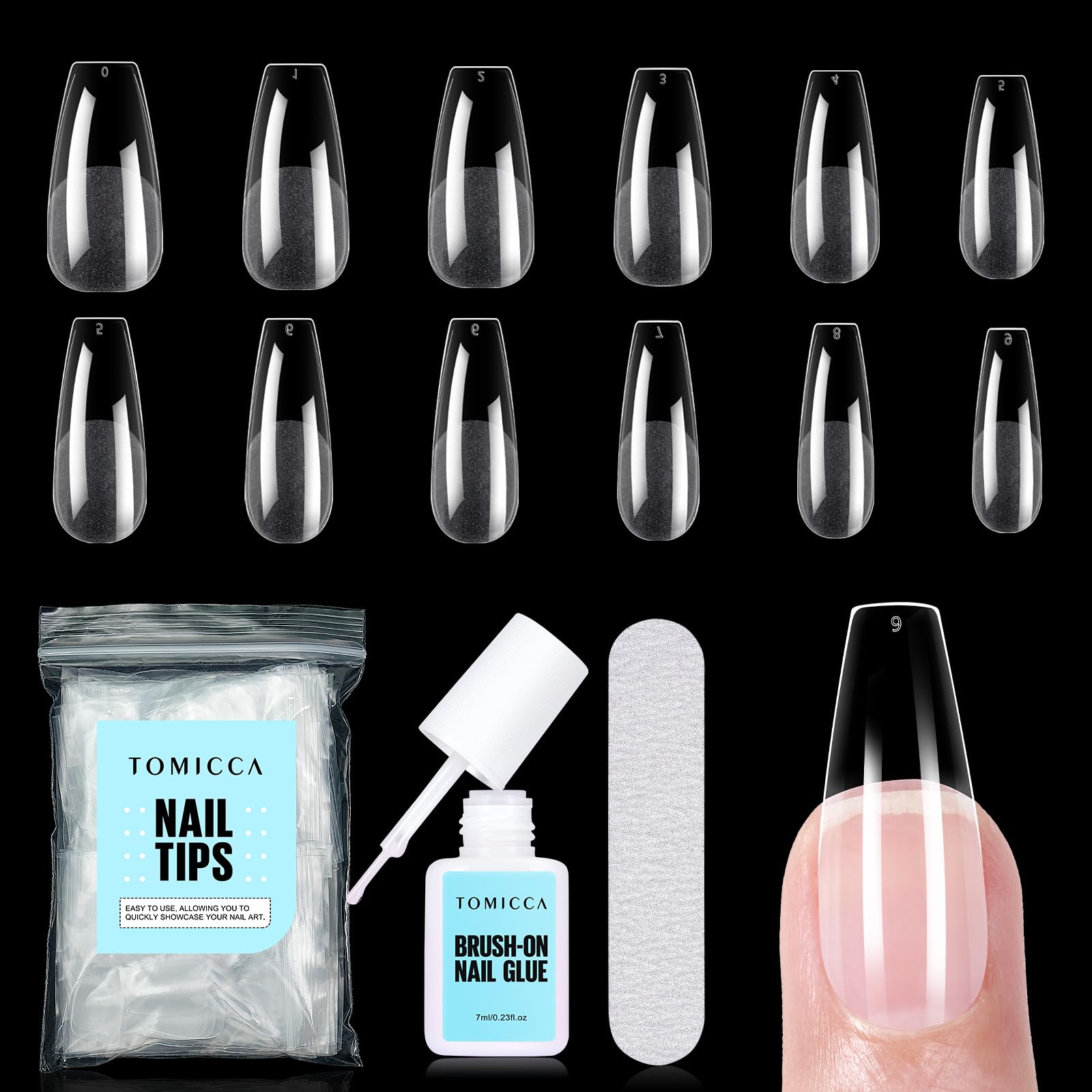 TOMICCA Nageltips für Gelnägel mit Nagelkleber Set, 240 Stücke Mittel Coffin Künstliche Nail Tips & 7g Kleber Set, Professionelle Salon Qualität, 12 Größen