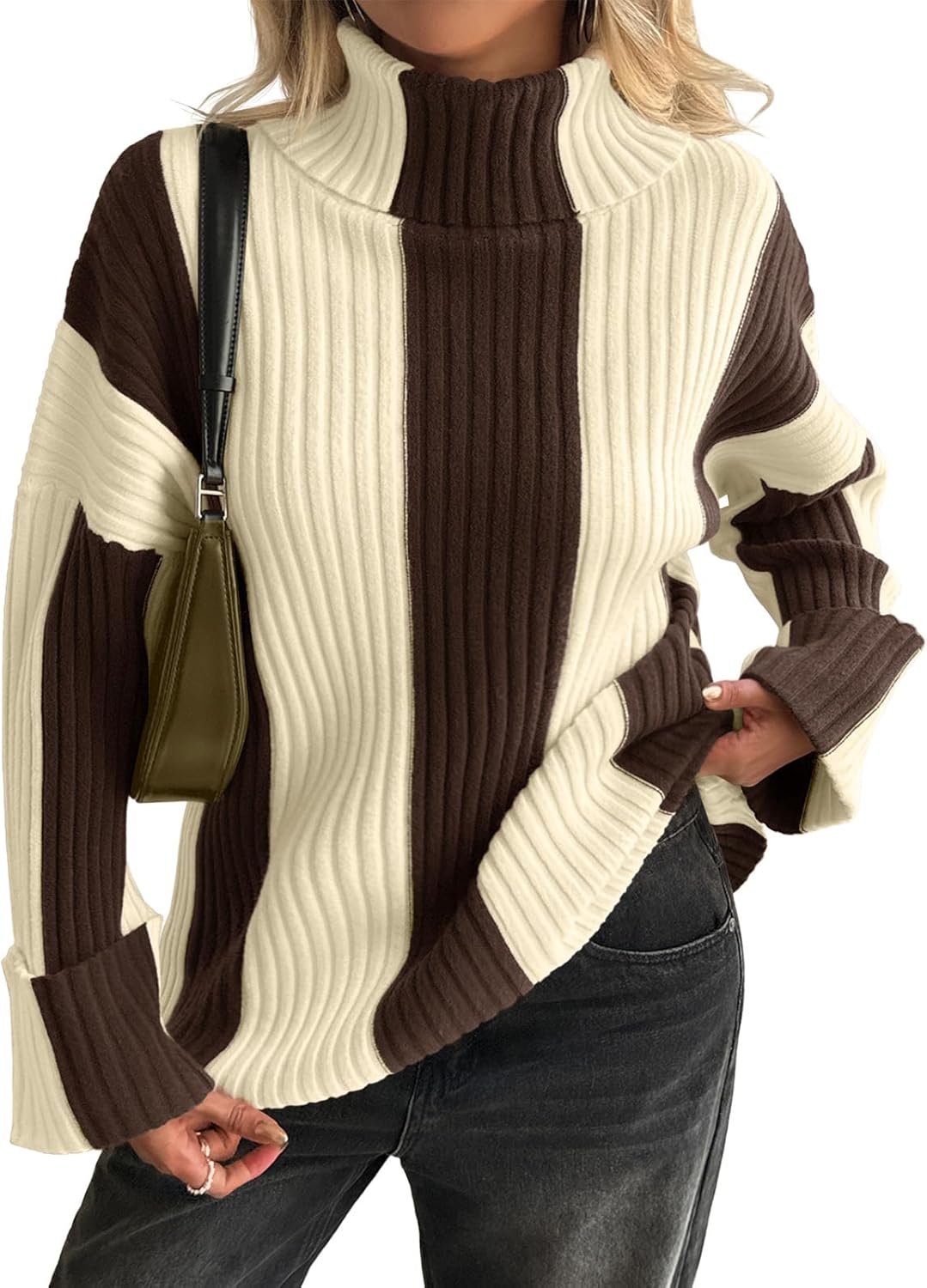 Saodimallsu Womens Turtleneck Sweater Color Block Striped Oversized Sweaters Winter Casual Trendy Pullover Tops - Image 2