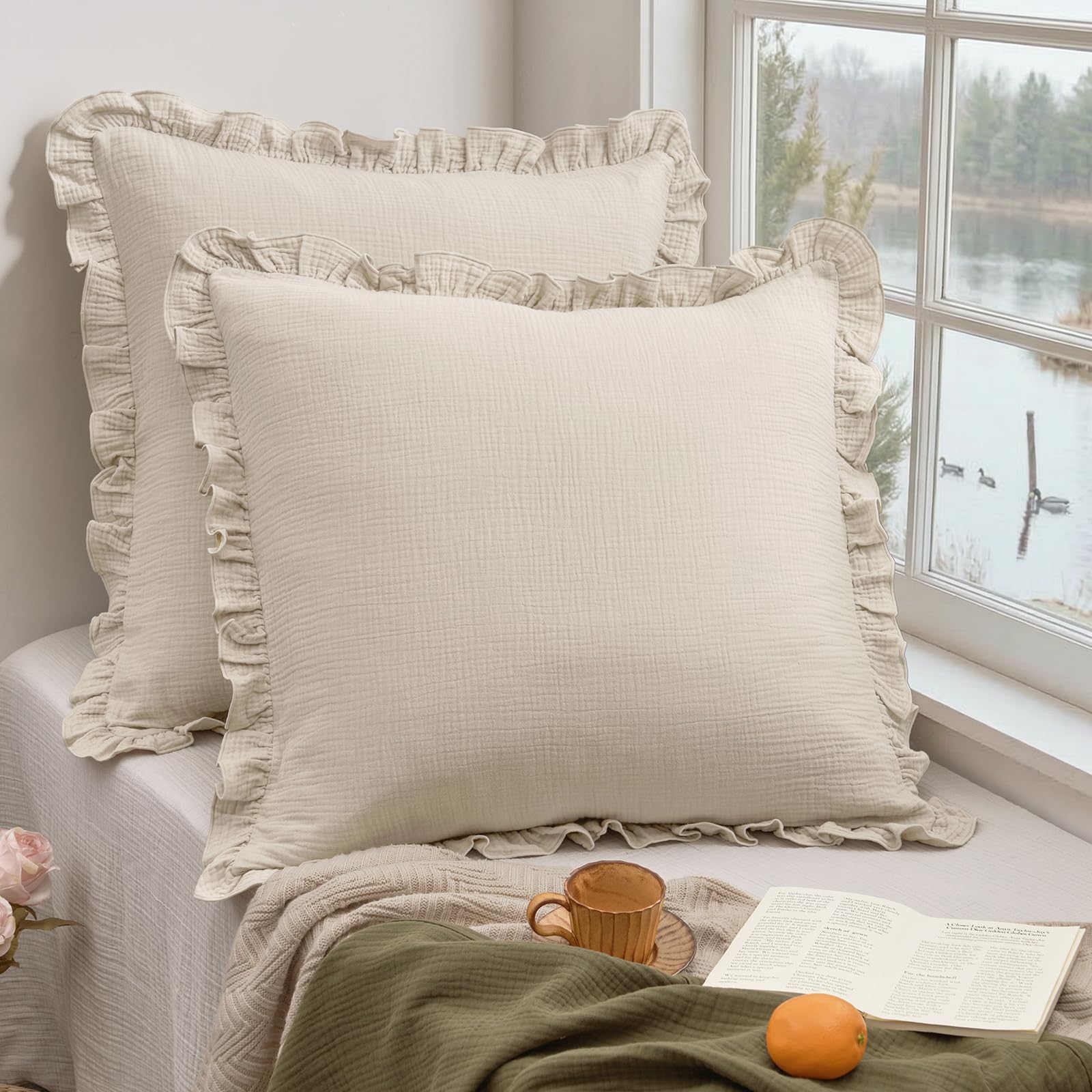 phf cotton muslin euro sham pillow covers with ruffle, 2 pack 3-layer gauze 26x26 pillow covers, no filling, ultra soft breathable euro shams for vintage decor, natural