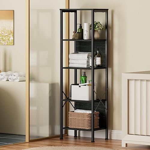 Miniatura 8 de Furologee Estantería alta de 5 niveles con parte posterior, estantería industrial estrecha, estantes de pie de exhibición, estantes esquineros de