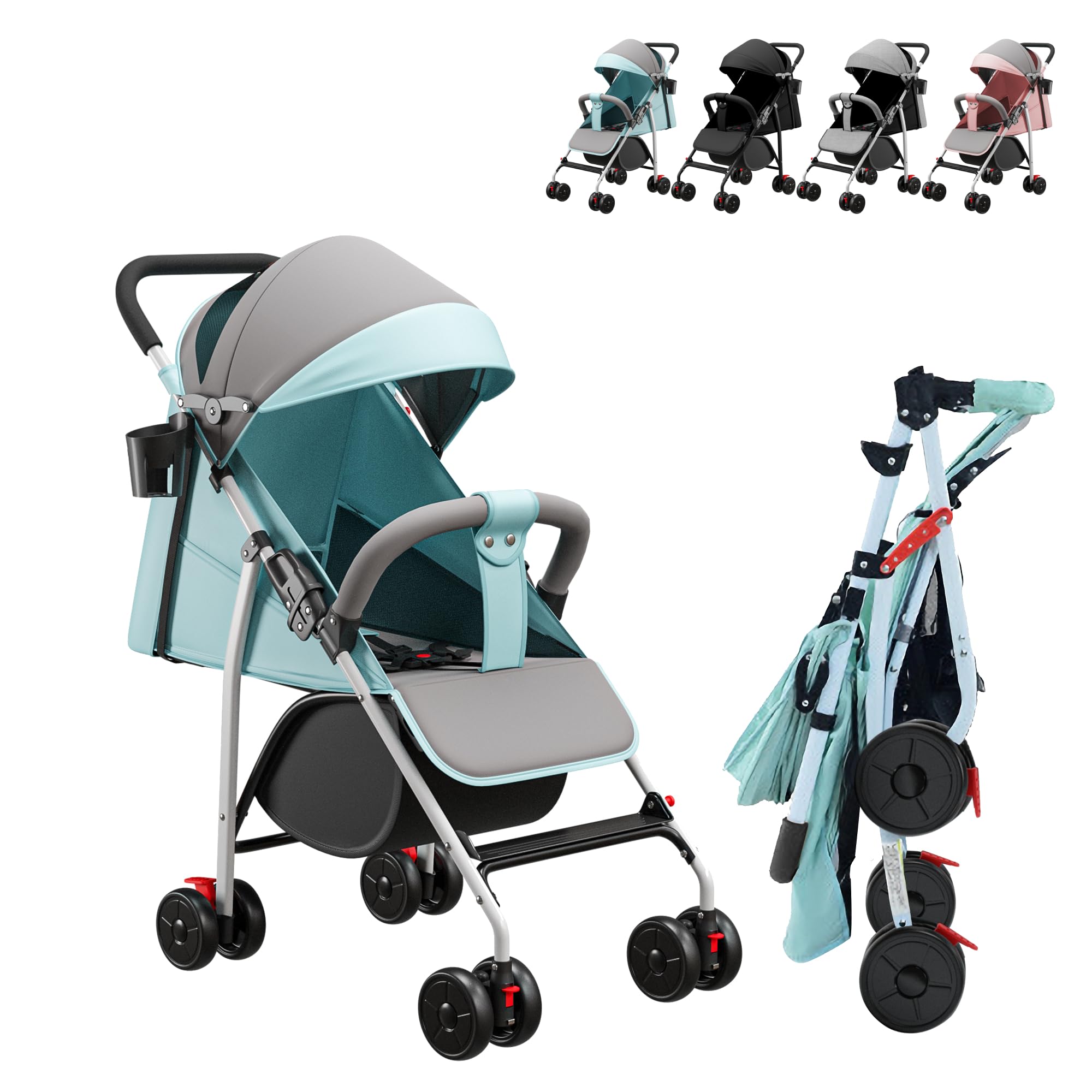 Poussette Canne Compacte avec Tapis Rafraîchissant et Moustiquaire, Poussette de Voyage Pliable, Poussettes Compacte Bébé 0 Mois à 4 Ans, Jusqu'à 25 kg (Bleu)