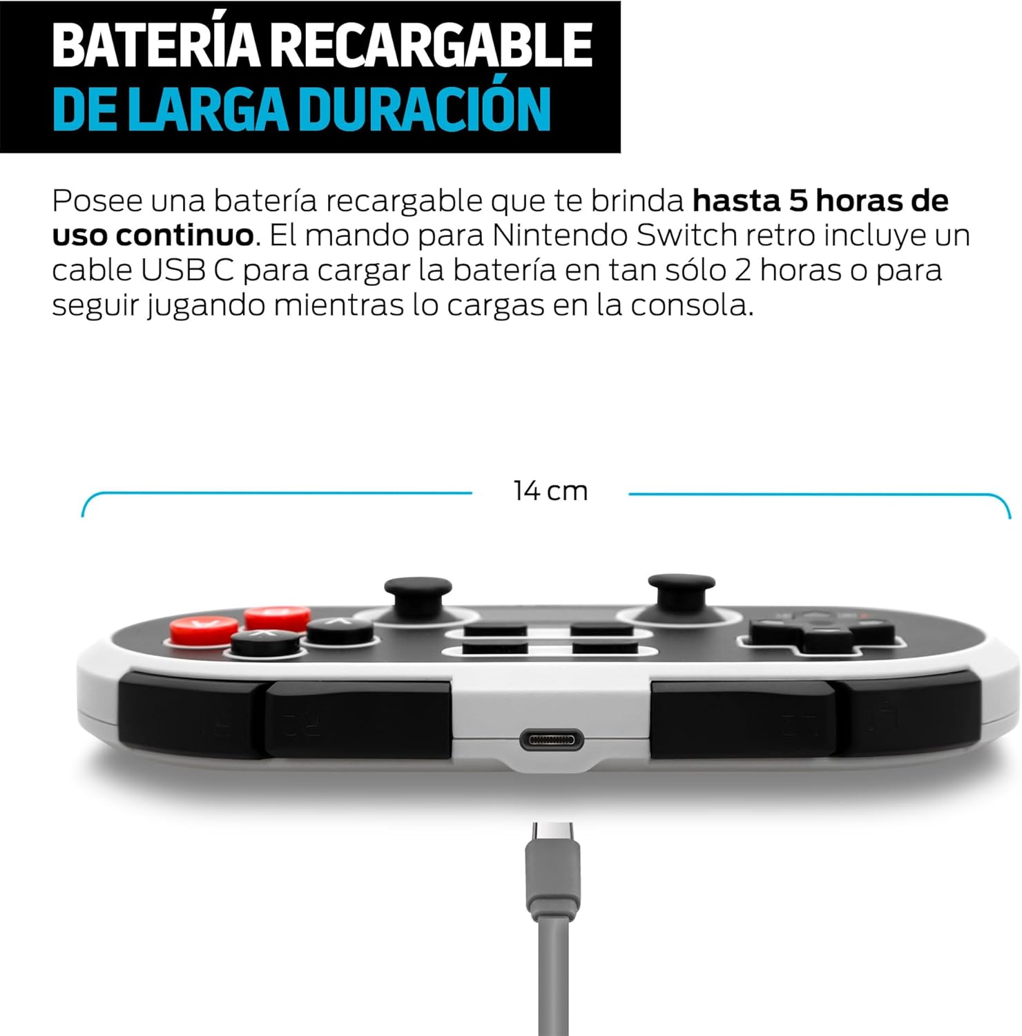 बाजू view of Redlemon Retro Wireless Controller showing USB-C charging port and cable.