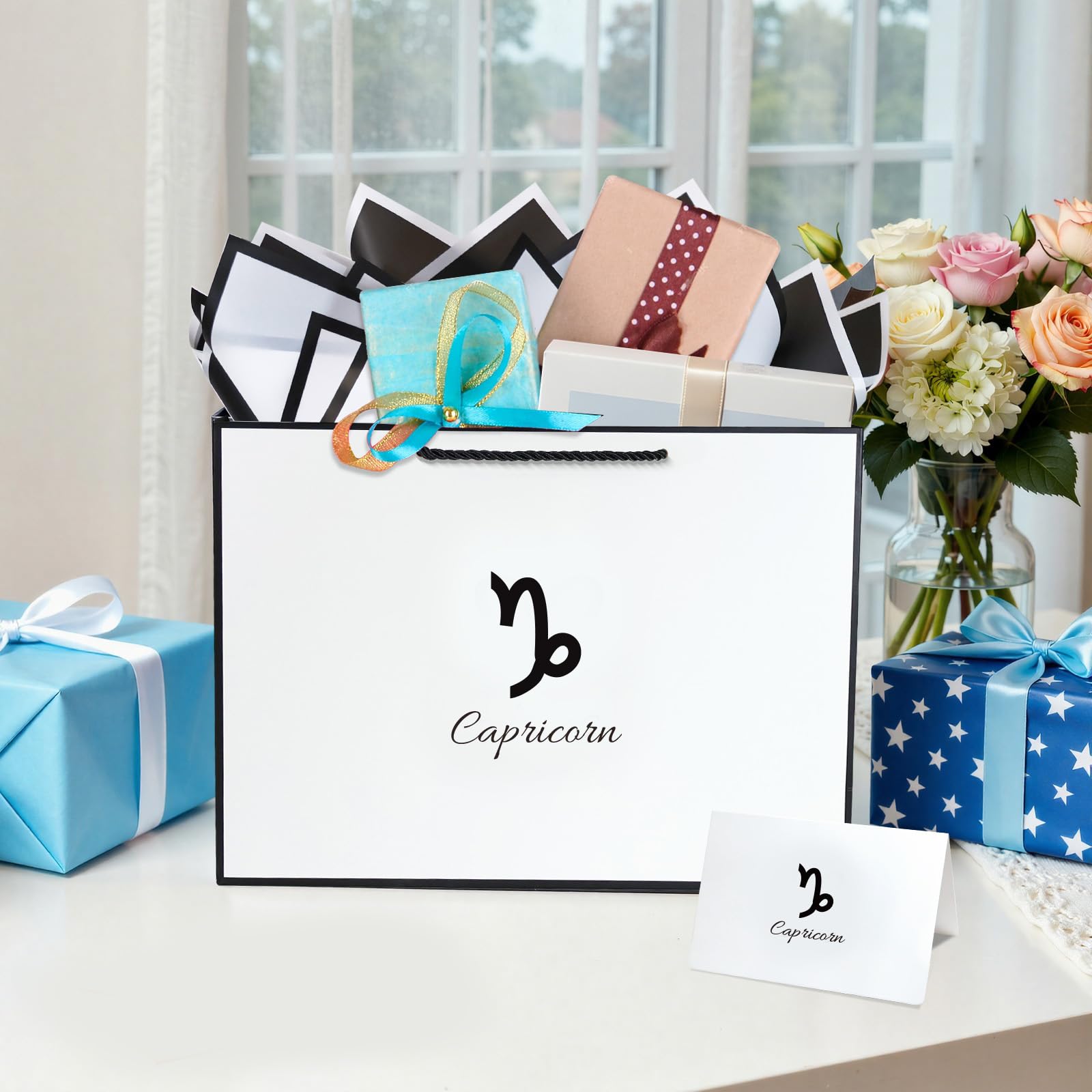 Kecorax Sacchetti regalo con segni zodiacali Capricorno da 34 cm, con biglietti di auguri abbinati, sacchetti regalo con carta velina per compleanni, matrimoni e feste a tema
