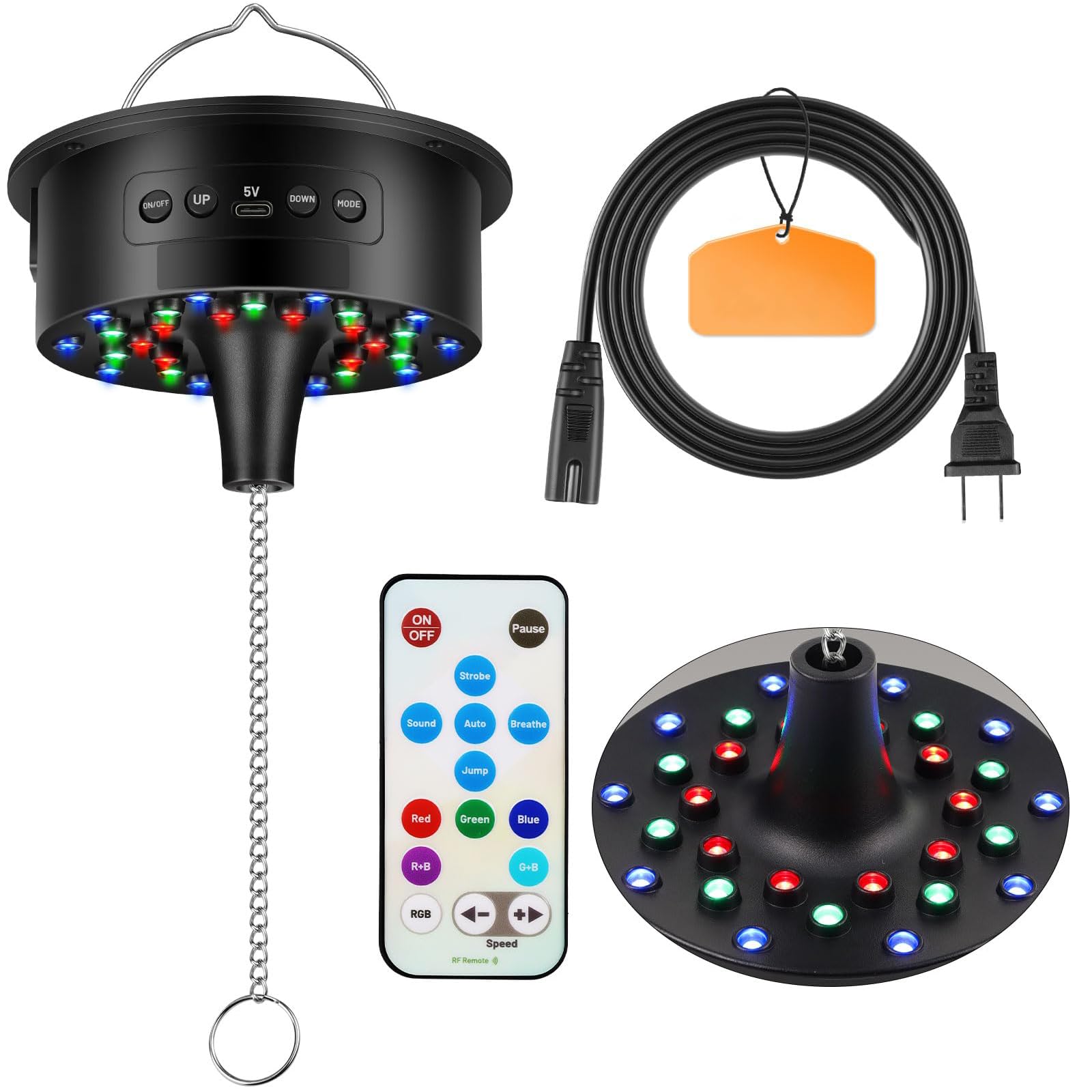 Silnik z kulką dyskotekową z pilotem zdalnego sterowania, regulowana prędkość obrotowa 3-15 obr./min, 30 diod RGB LED, bateria/USB-C/kabel, do kulek lustrzanych 10-40 cm – oświetlenie na