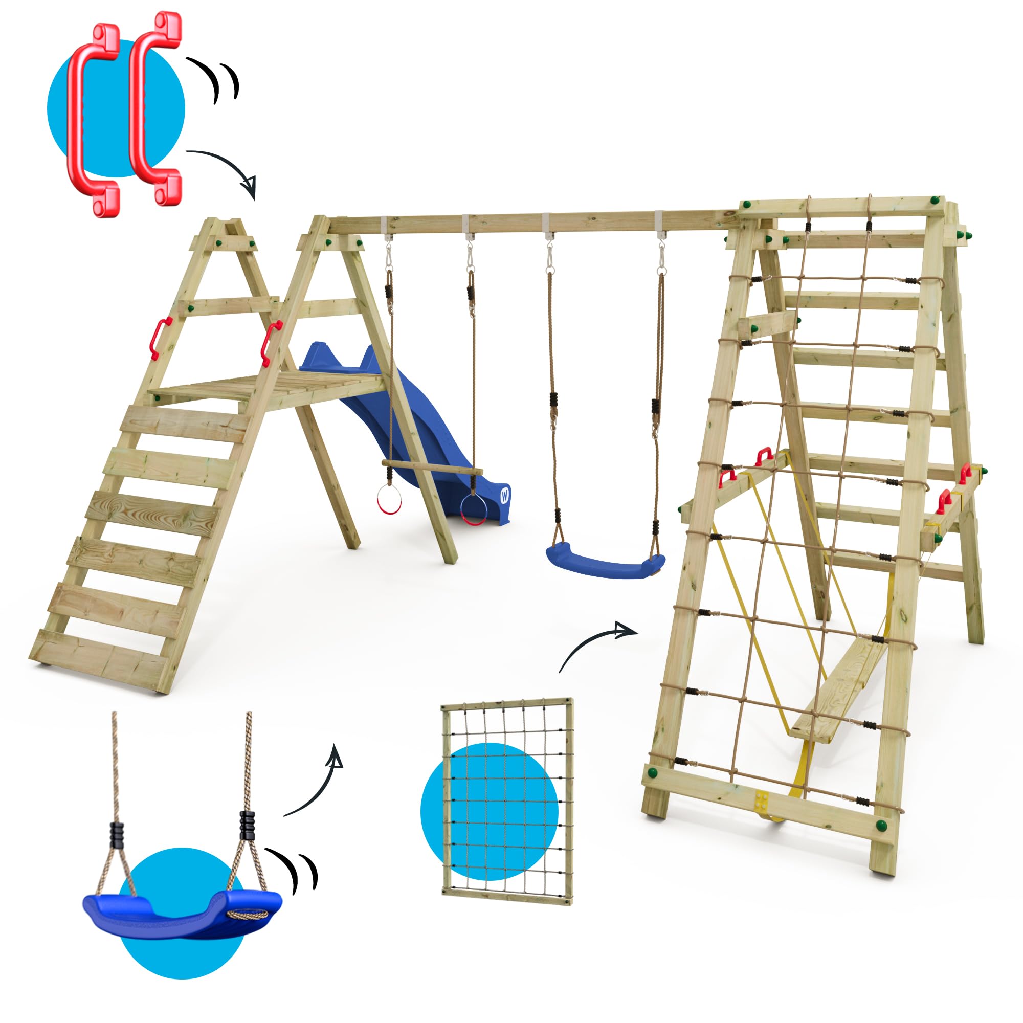Altalena WICKEY Smart Shake gioco per bambini con scivolo blu e ampliamento per l'arrampicata, altalena doppia in legno da esterno o da giardino
