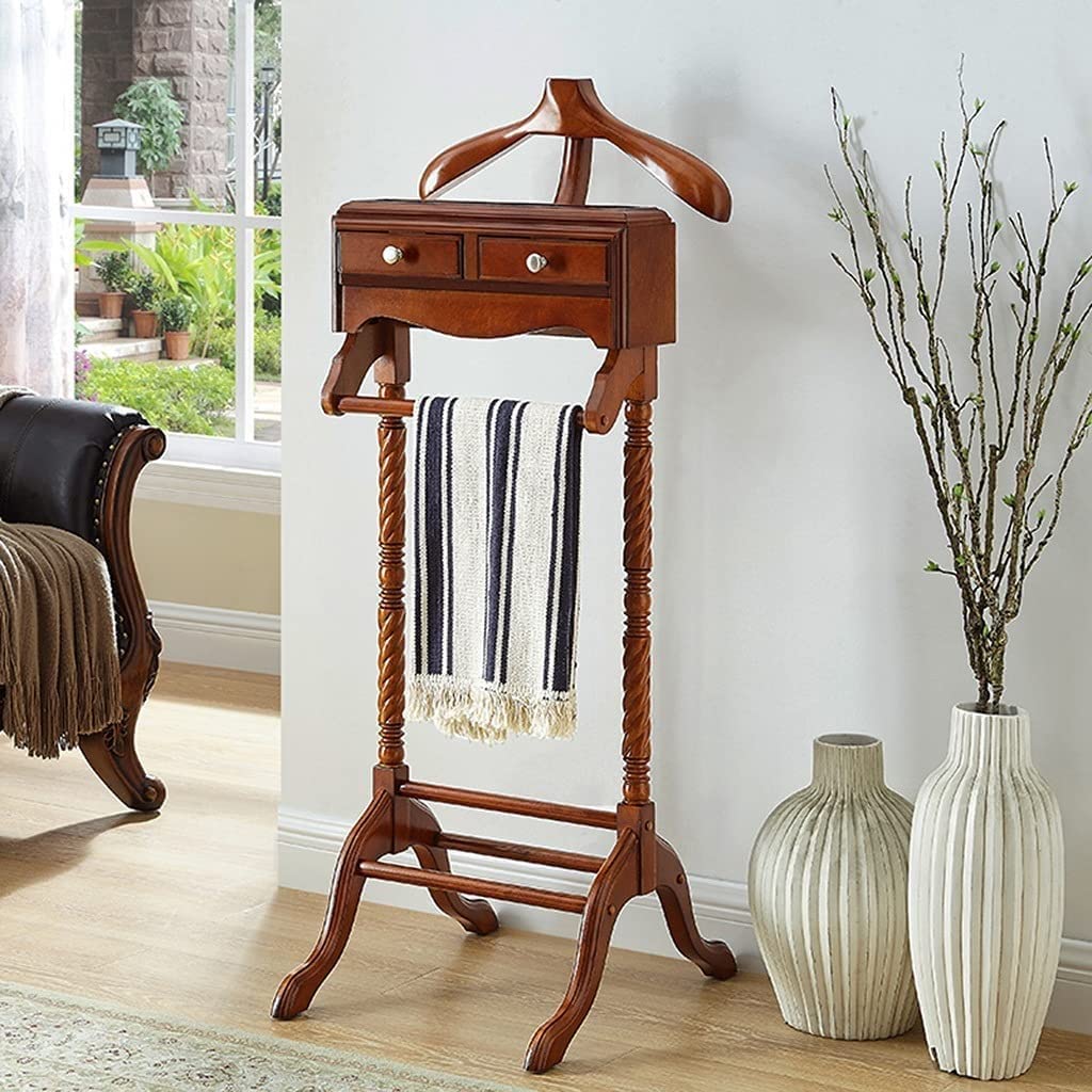 Wooden Valet Stand With Drawer - Contour Hanger & Trouser Bar For Suits & Office Organization