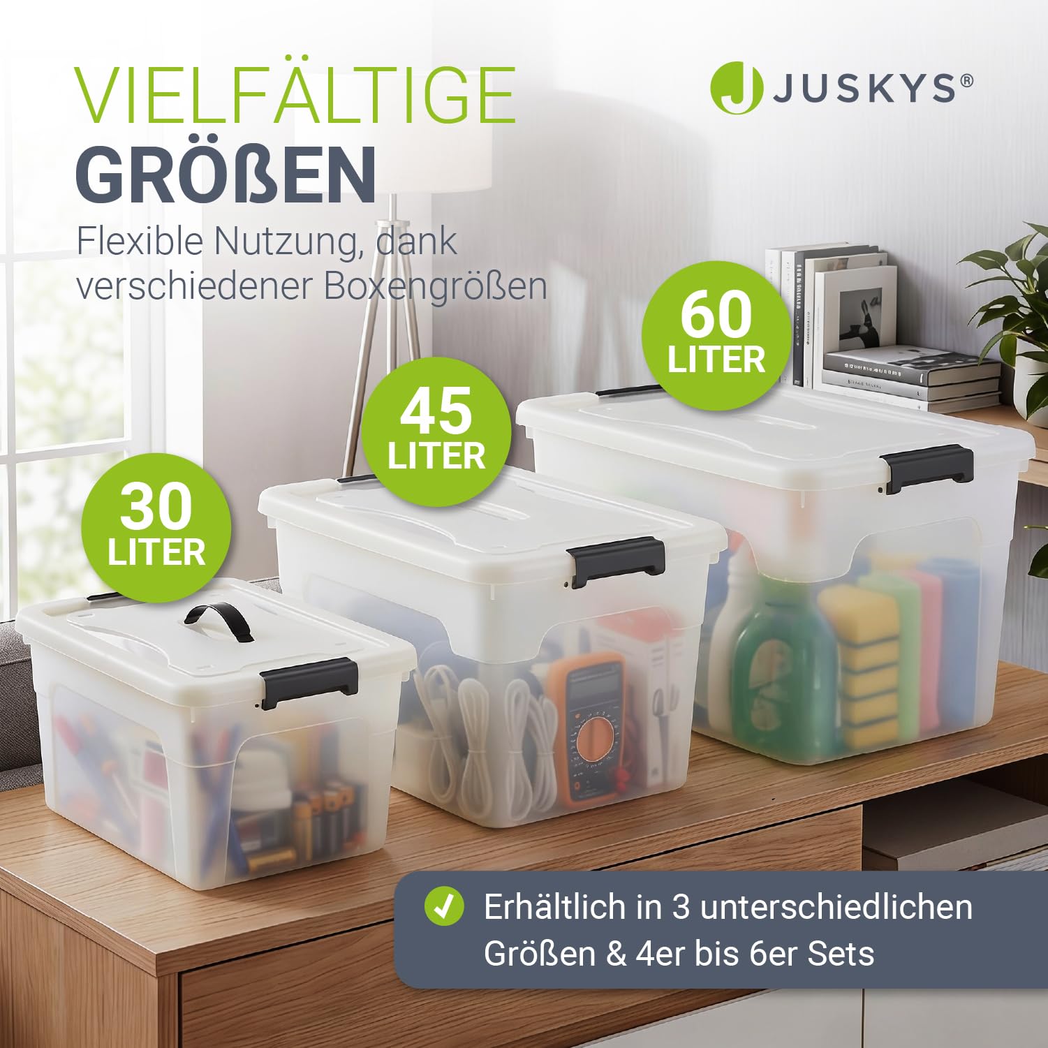 Juskys Aufbewahrungsbox mit Deckel - 6er Set Kunststoff Boxen 60l - Box groß, stapelbar, transparent - Aufbewahrung Ordnungssystem Aufbewahrungsboxen
