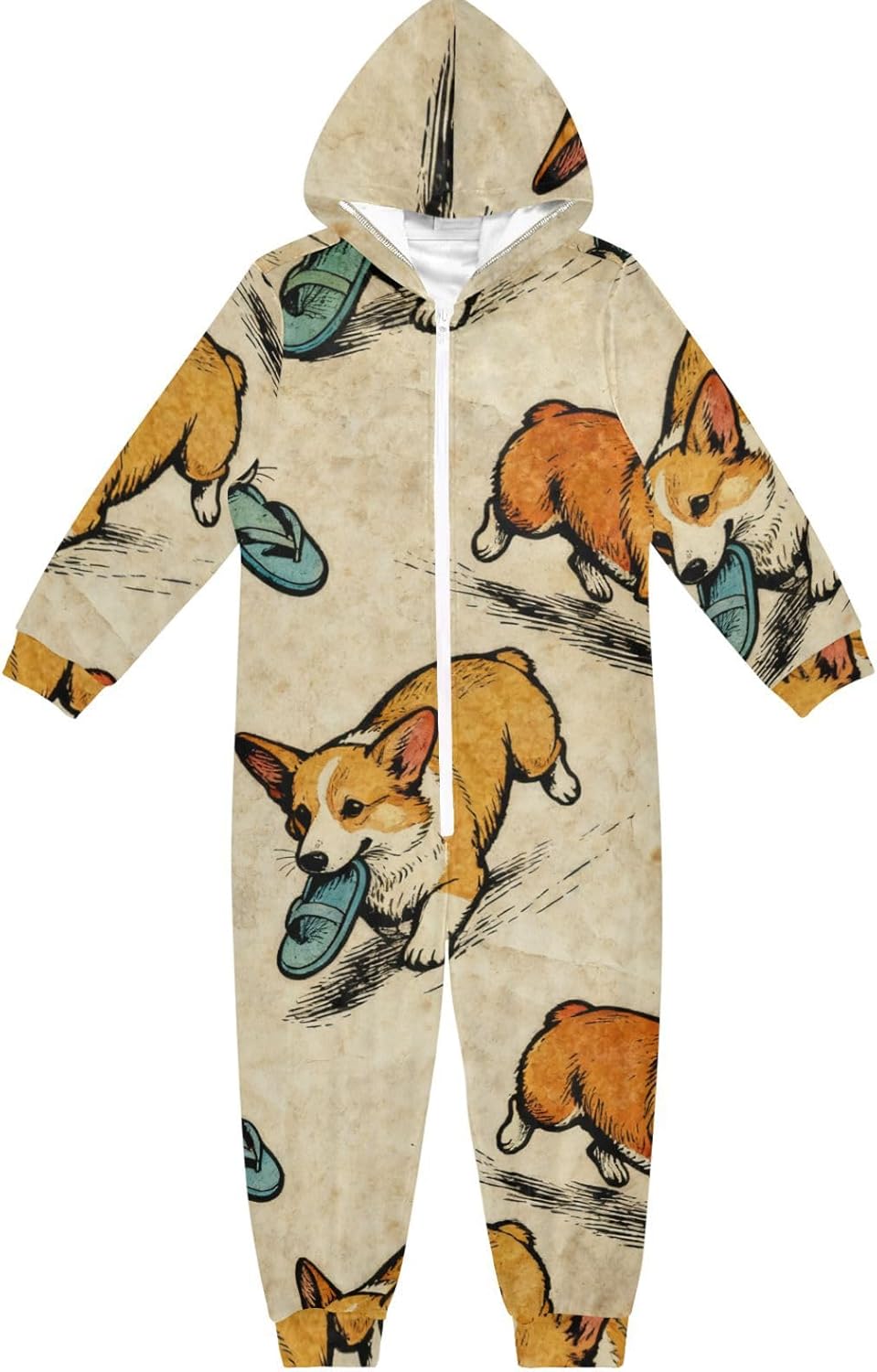 Funny Dog PlayingSleepwear Holiday PajamasZip Up Hooded One-Piecing Costume Romperfor Parties Sleepovers
