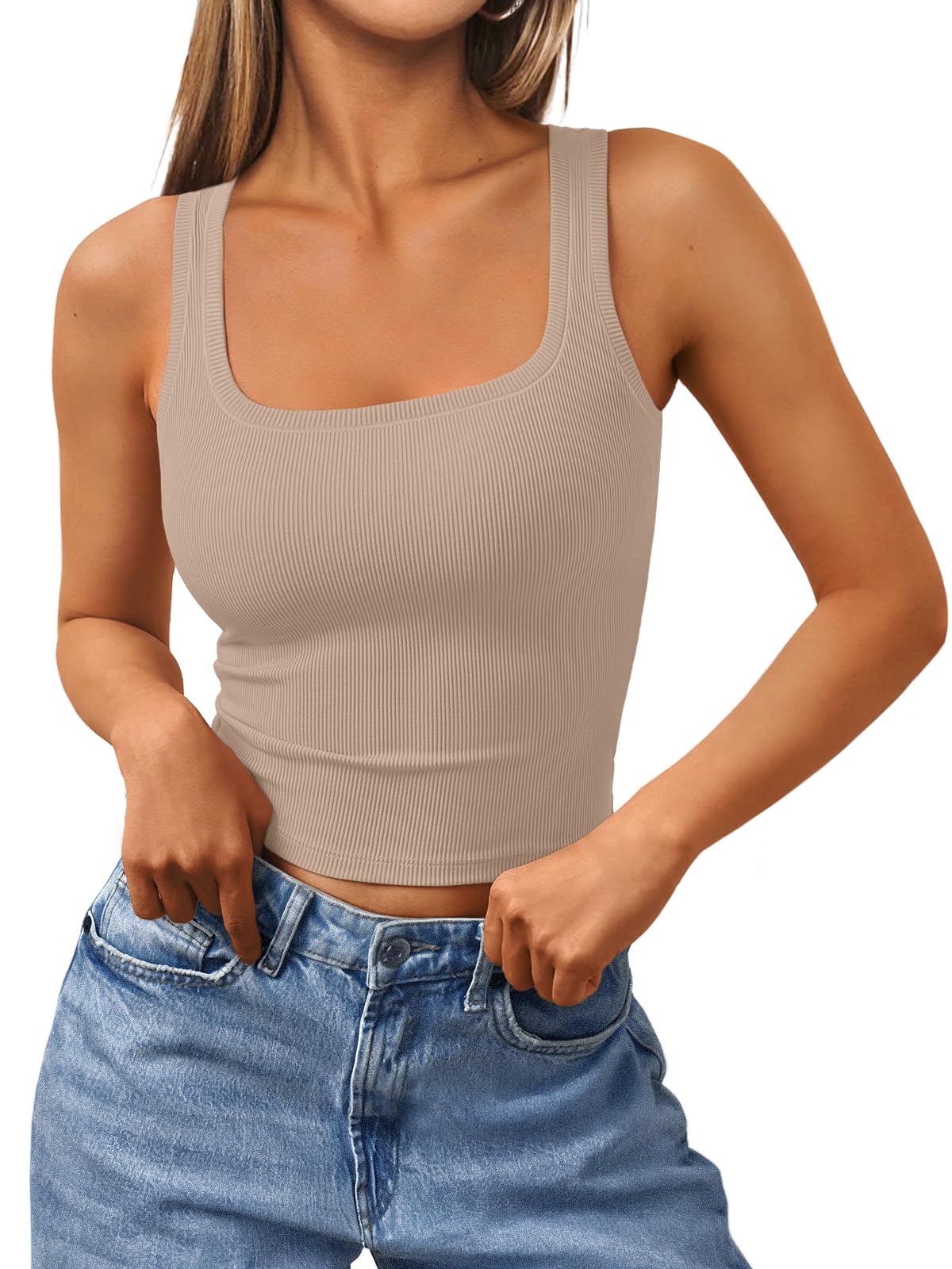 Trendy Queen Women's Summer Square Neck Tank Tops Workout Cropped Ribbed Summer Camisole Sleeveless Clothes 2026