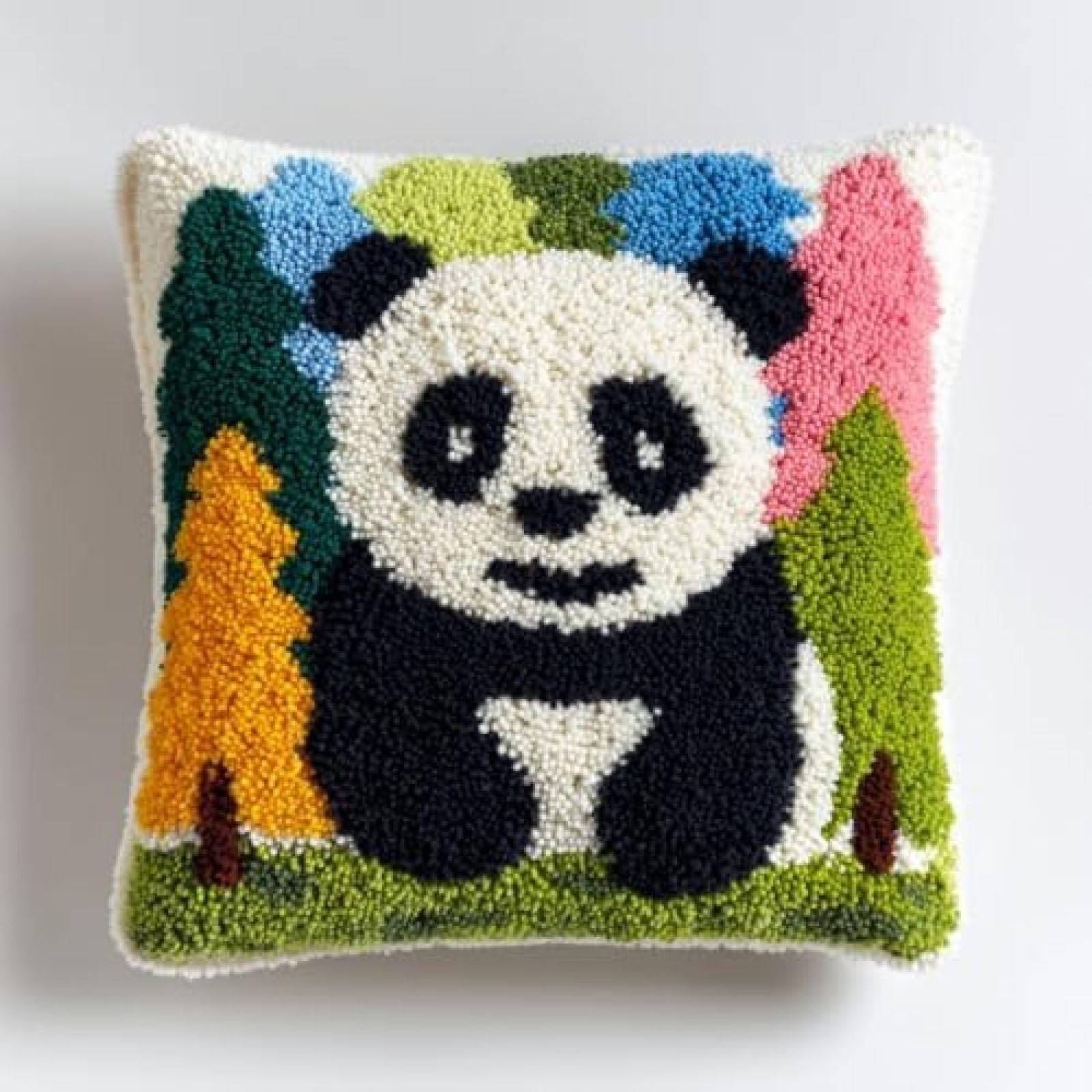 kitphoenix DIY Latch Hook Cushion Kit Panda and Forest,Beginner-Friendly Rug Hooking Pillow Kit,Crochet Craft Cushion Cover for Home Decor,43x43 cm-3
