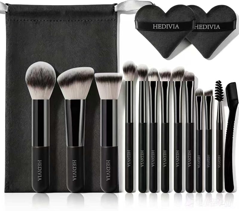 Kit HEDIVIA com 16 pincéis mini de maquiagem e estojo, preto