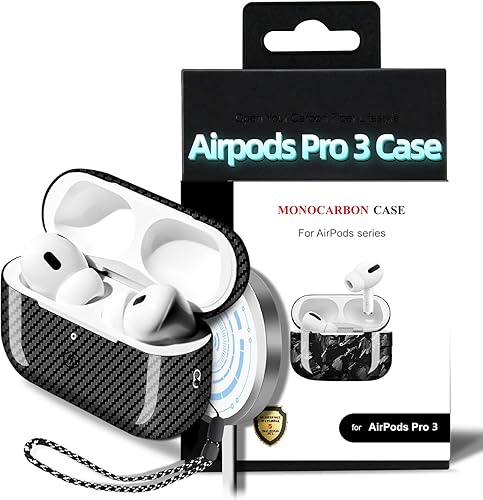 MONOCARBON Funda de fibra de carbono real para AirPods Pro 3, funda rígida protectora delgada con cordón, compatible con MagSafe, resistente a los