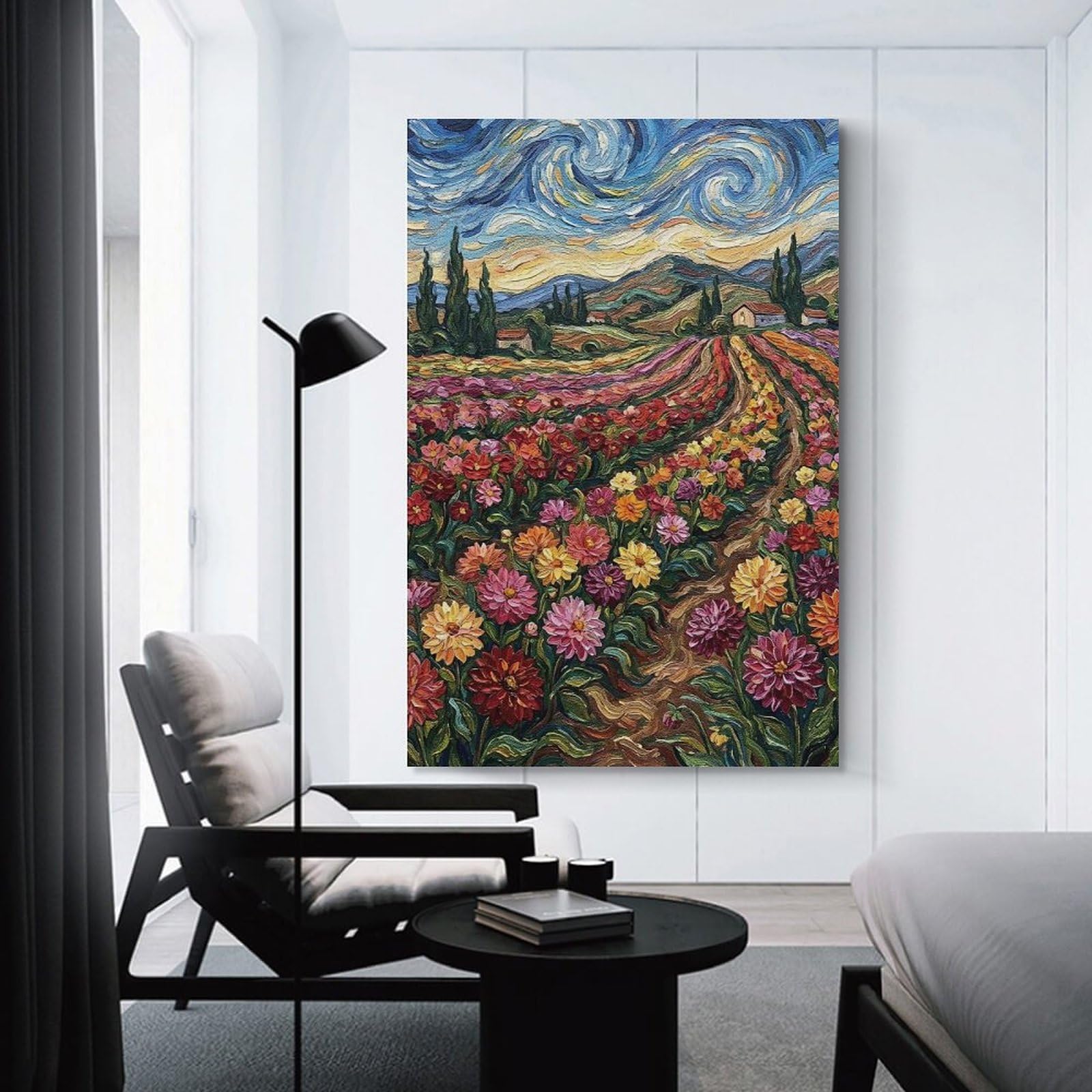 Junmoney Room Decor Wall Art Floral Field Painting with Swirling Sky, 20x30inch(50x75cm), for Living Room, Bedroom, Office Or Hallway, An Adaptable Decor Piece for Home Use