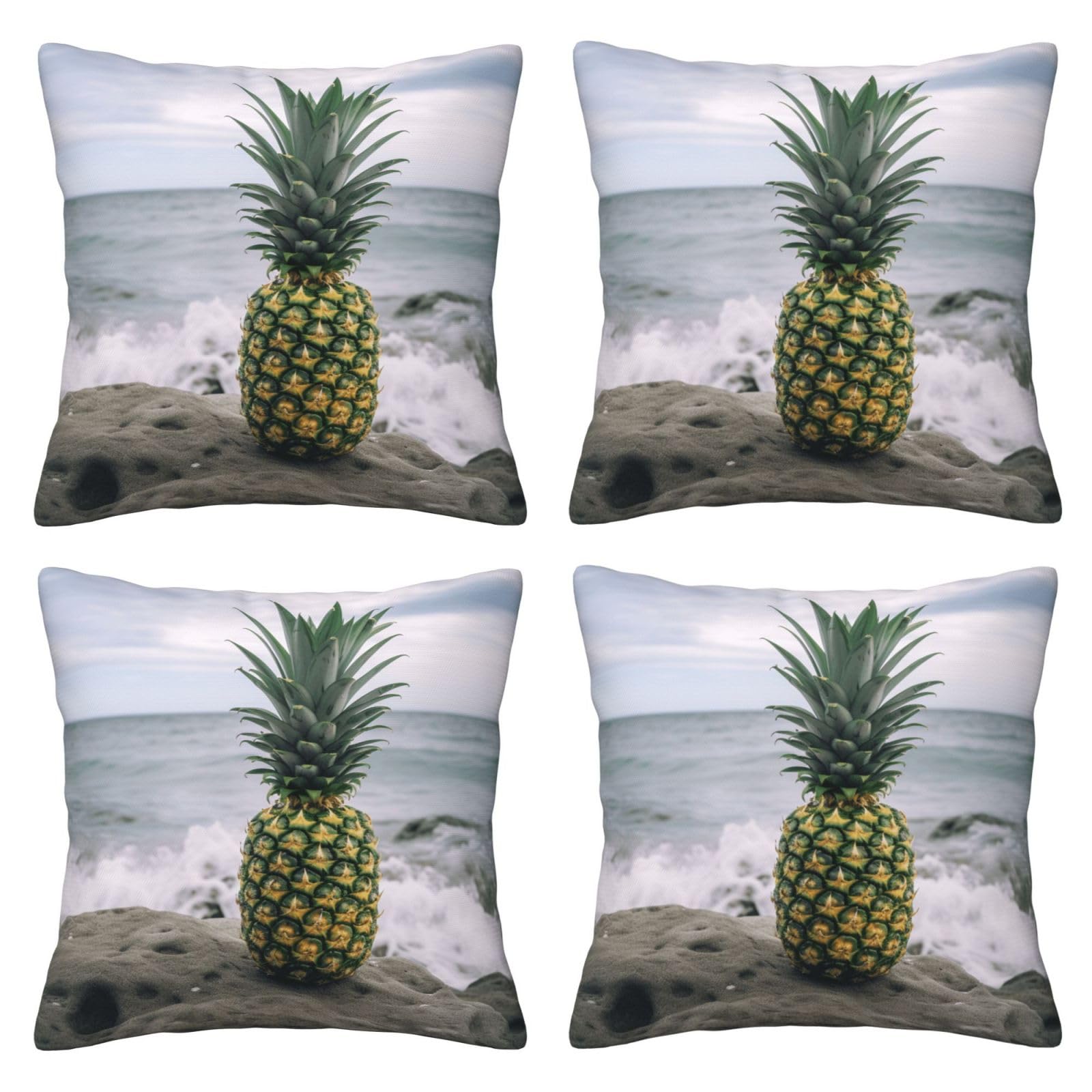 Green Pineapple in Seaside Throw Pillow Cases 4 Pack Square Pillowcases Super Soft Pillow Protectors With Zipper for Couch Livingroom Sofa Bed Office Car,45x45 CM