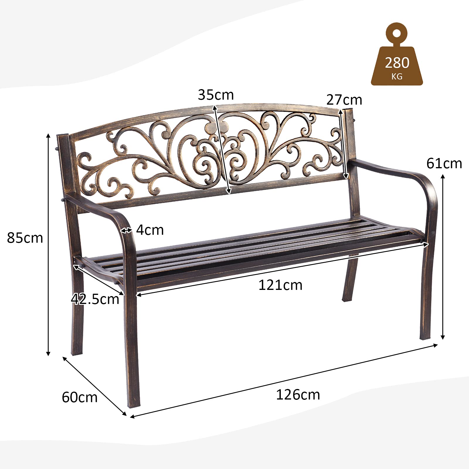 KOMFOTTEU Panchina da Giardino in Metallo e Ferro, Portata fino a 280 kg, Resistente alle Intemperie, Panchina Da Esterno e Interno per Balcone, Cortile, Terrazza, 127 x 60 x 85 cm