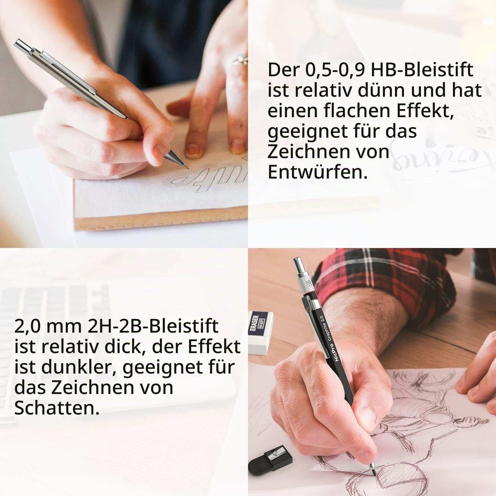 Nicpro 30 Stück Kunst Druckbleistifte Set mit Ledertasche, Metall Bleistifte 0,5, 0,7, 0,9, 2 mm mit 16 Tuben (6B 4B 2B HB 2H 4H CR) Minen (Schwarz und Farben), Zeichenstifte für Skizzieren, Zeichnen