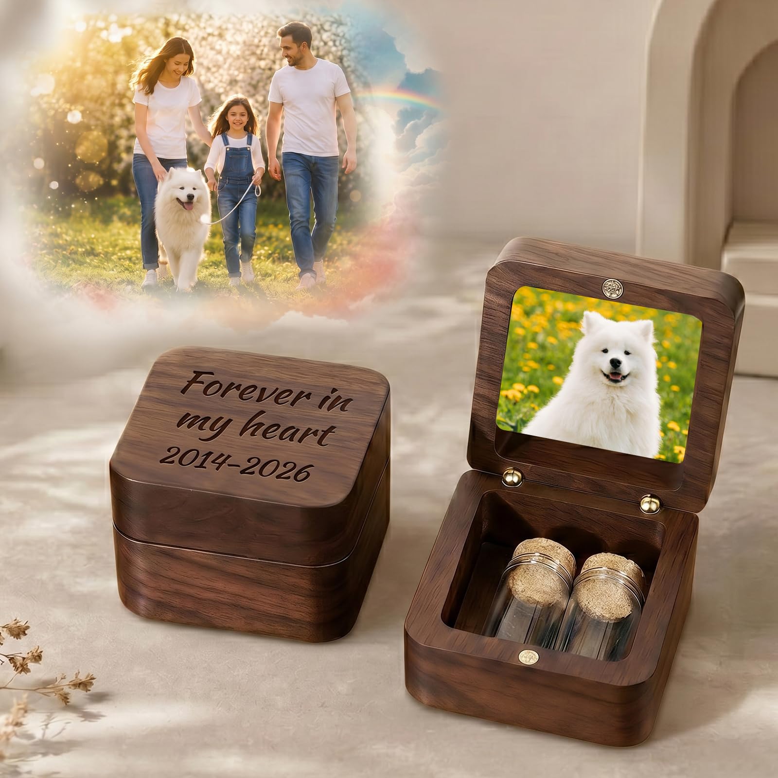 Iwe Personalised Pet Memorial Box For Dog Cat Loss Wooden Urn with Photo