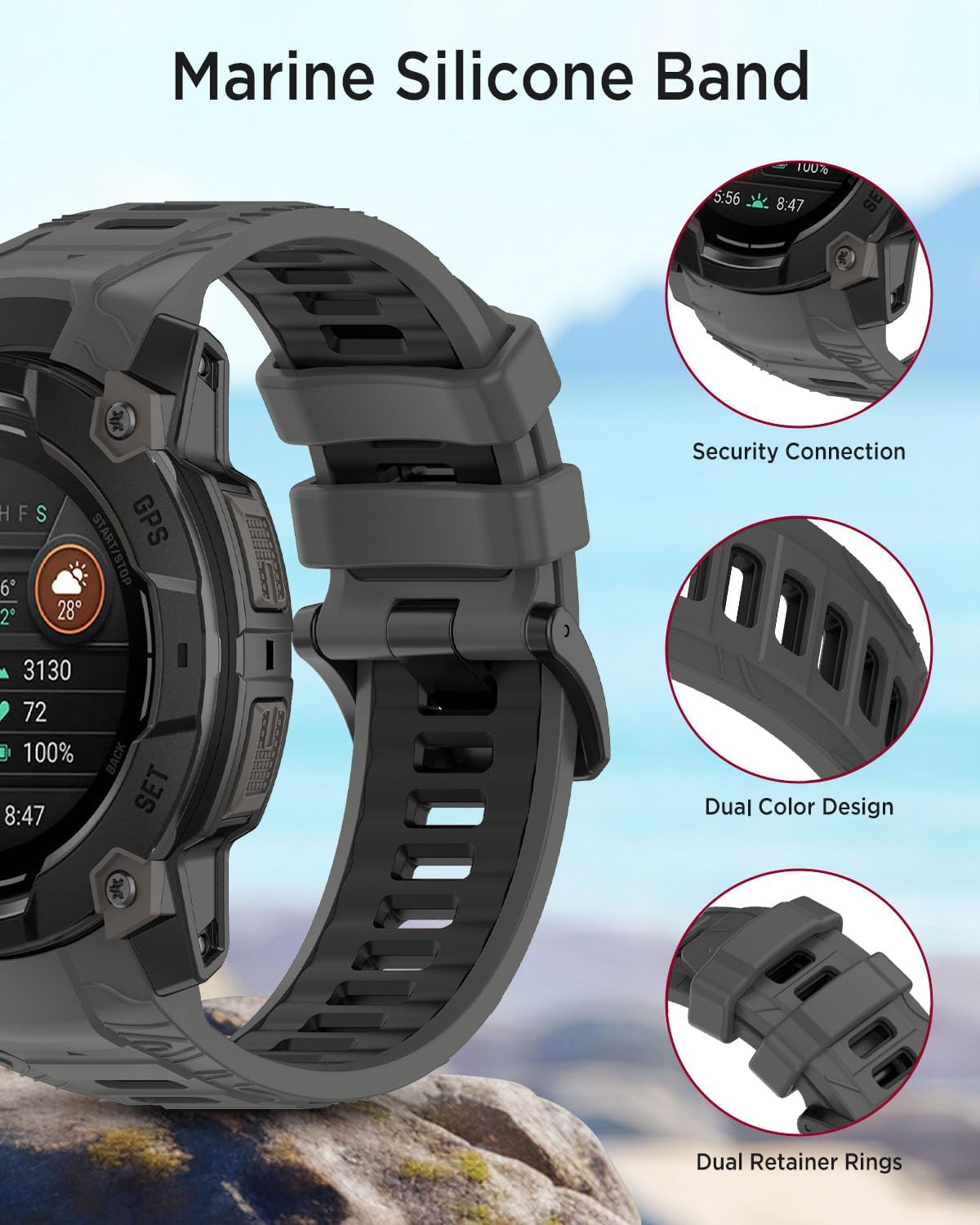 Miimall Silicone Band Compatible for Garmin Instinct 3 45mm/50mm, Waterproof, Quickfit, 22mm/26mm Soft Adjustable Bracelet Replacement Watch Strap for Instinct 3 SOLAR/AMOLED for Men Women - Image 6