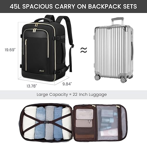 Miniatura 2 de LOVEVOOK Mochila de viaje para mujer, mochila de transporte de 40 L, bolsa de artículos personales con 3 cubos de embalaje, Negro -