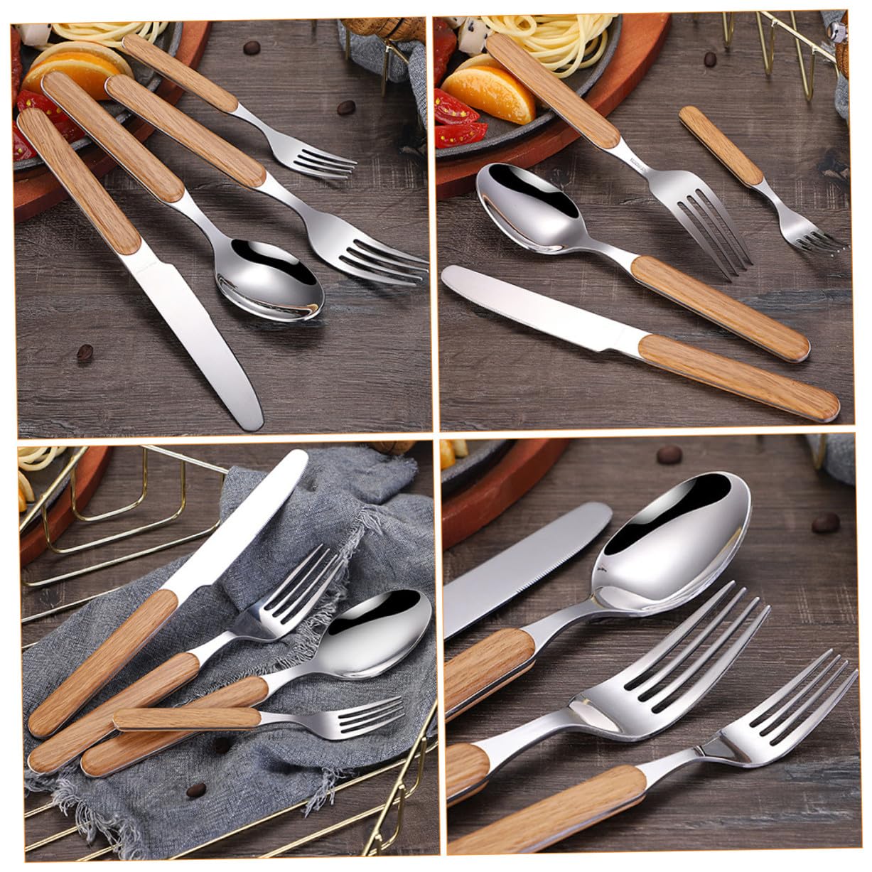 4pezzi Posate Stile Retrò Pz Forchetta Coltello Cucchiaio Manico Legno Lucidato Bordi Ergonomici Resistente