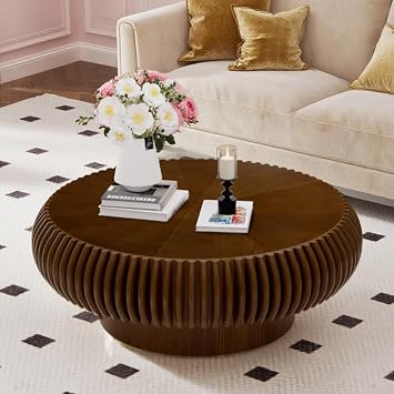 Brown Round Coffee Table for Living Room Round Fluted Drum Coffee Table Modern Walnut Fluted Coffee Tables for Living Room Walnut, 31.4 inch