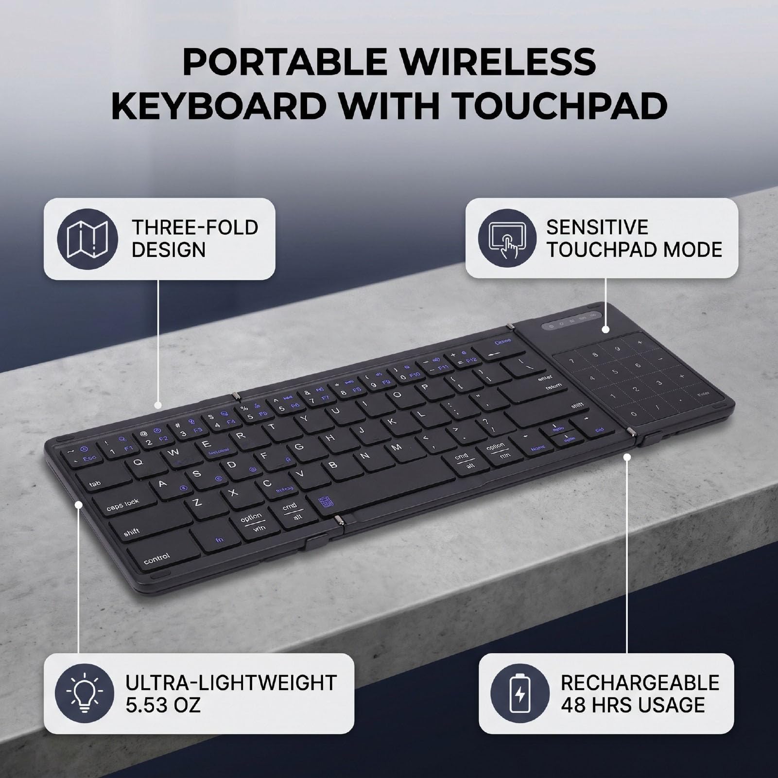 Combinazione Tastiera e Mouse Portatile Pieghevole (BLACK) | Combo Tastiera Bluetooth Pieghevole, Mouse Sottile, Custodia Rigida e Supporto per Telefono, Bluetooth per 3 Dispositivi