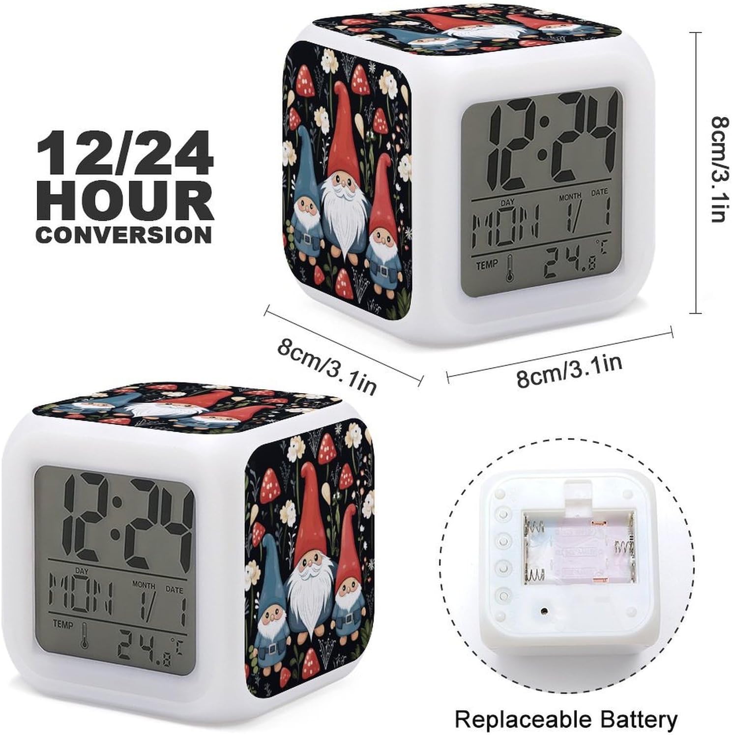 Digital Alarm Clock Square Desk Clocks, Cute Gnomes image 2