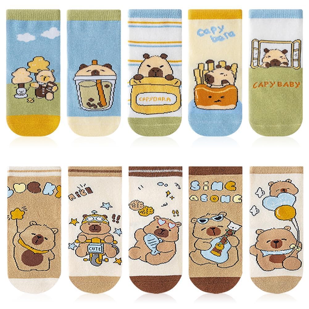 Fcxvxcl Unisex Kids Capybara2 Capybara Socks 10 Pairs Kids Cartoon Sock Novelty Socks Colourful Animal Pattern Ankle Length Cosy Breathable Cotton Anti Skid Sock Gifts For Children 5-8 Years