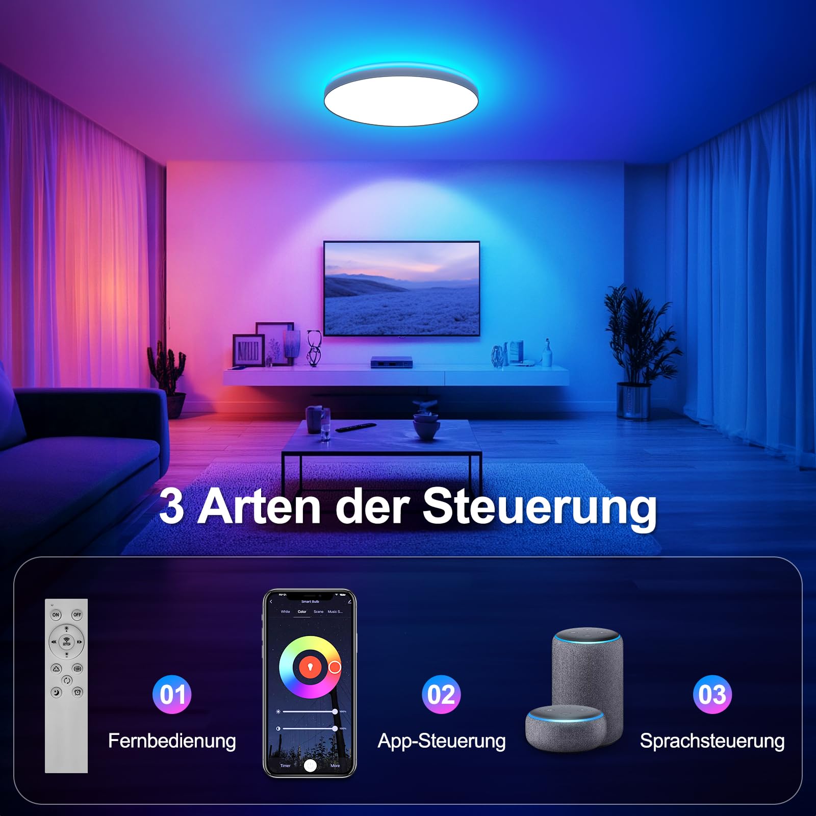 LED Deckenleuchte Dimmbar, 36W Ø30cm Smart RGBIC LED Deckenlampe mit Fernbedienung, Funktioniert mit Alexa & Google Assistant, Deckenleuchten für Schlafzimmer, Wohnzimmer