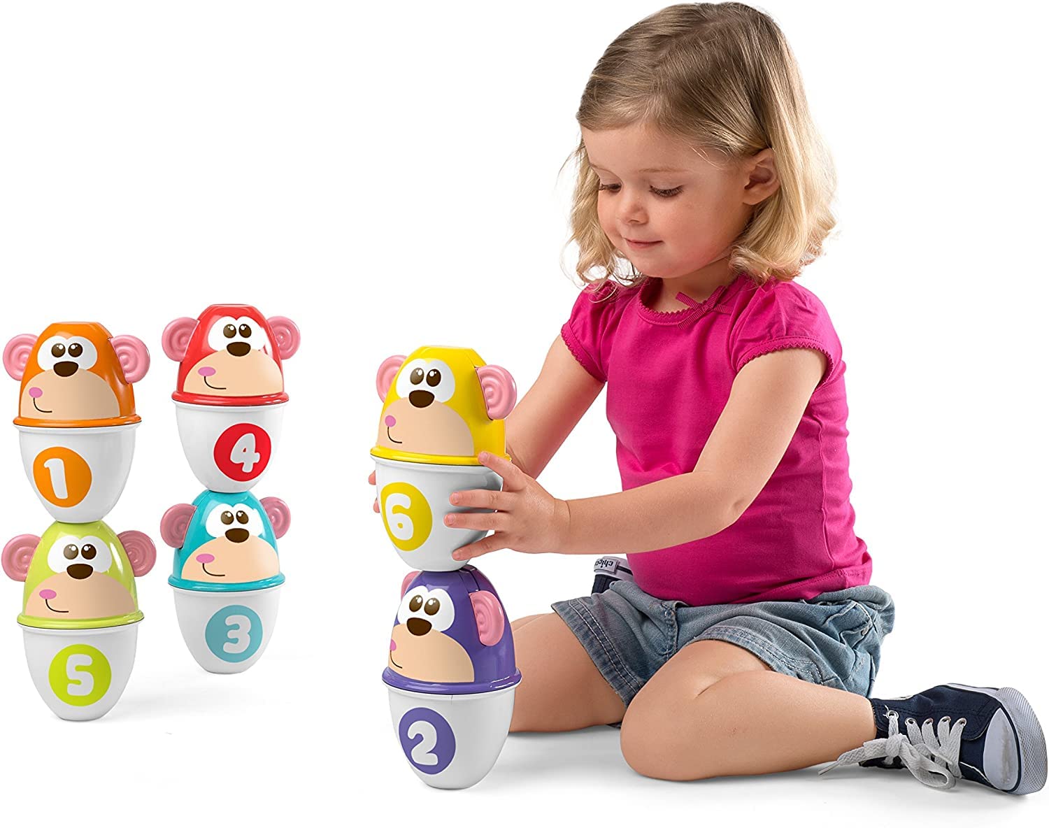 Chicco Monkey Strike Kids Bowling Set - Kegelspiel für Kinder mit 6 trennbaren Pins, stapelbar in 12 Teile, inklusive Kunststoffball - Kegelspielzeug, Geschenke für Kinder von 18 Monaten bis 8 Jahren
