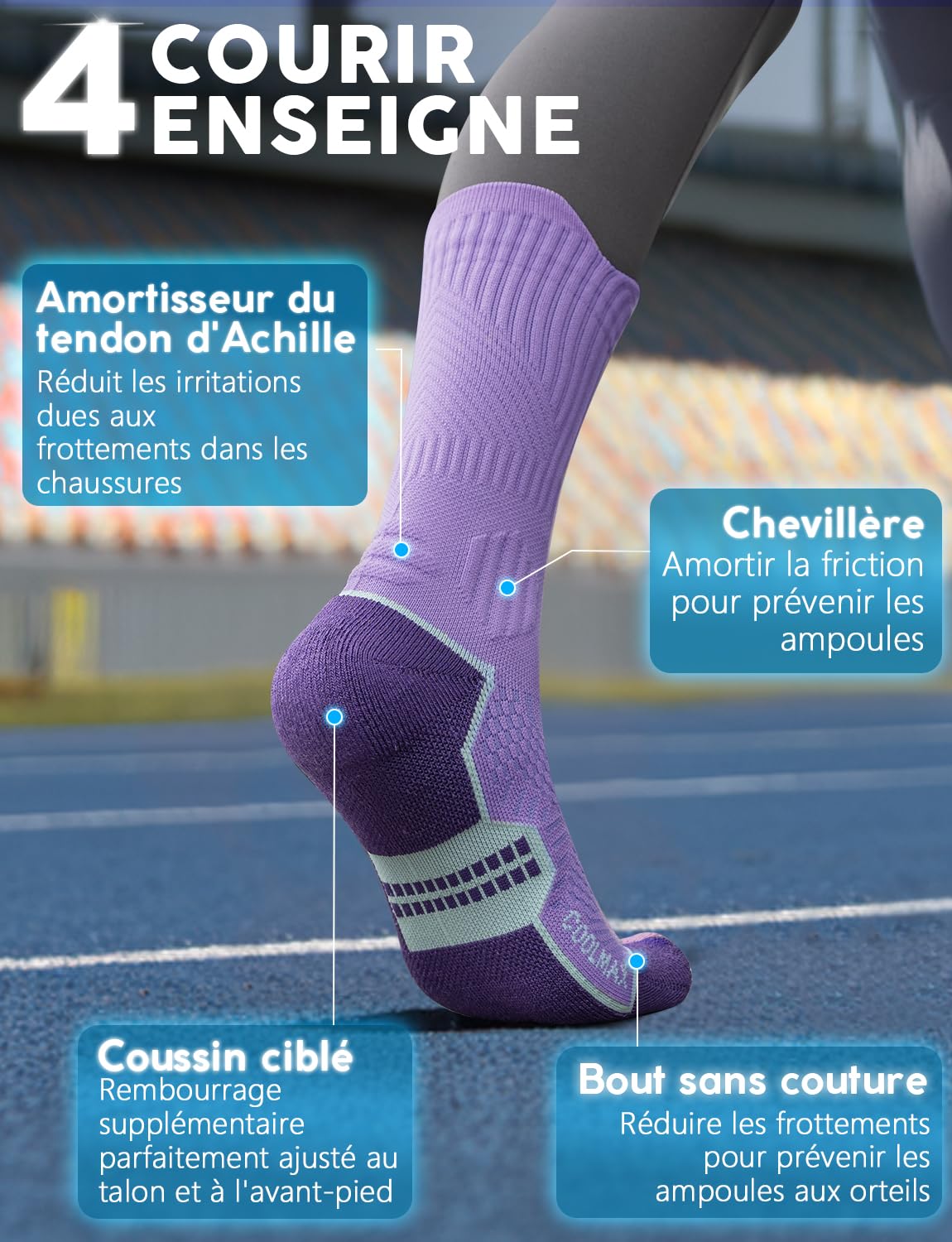 Juclise Chaussettes bambou Coolmax de course à pied pour femme, pour la Randonnée & le Gym,