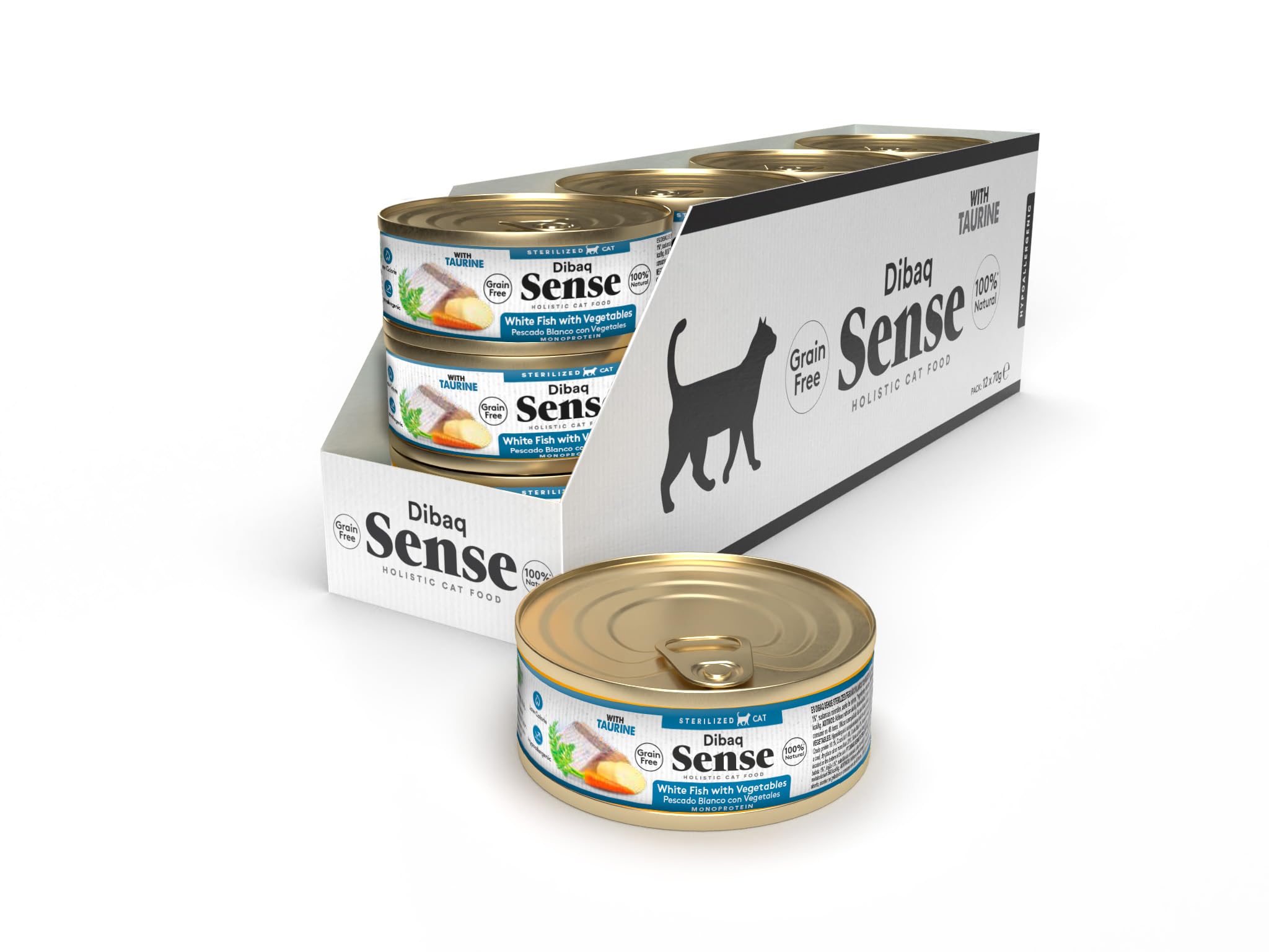 Dibaq Sense Cat: Comida húmeda gatos, esterilizado, Pescado Blanco, sin Cereales. Pack de 70 g x 12 uds