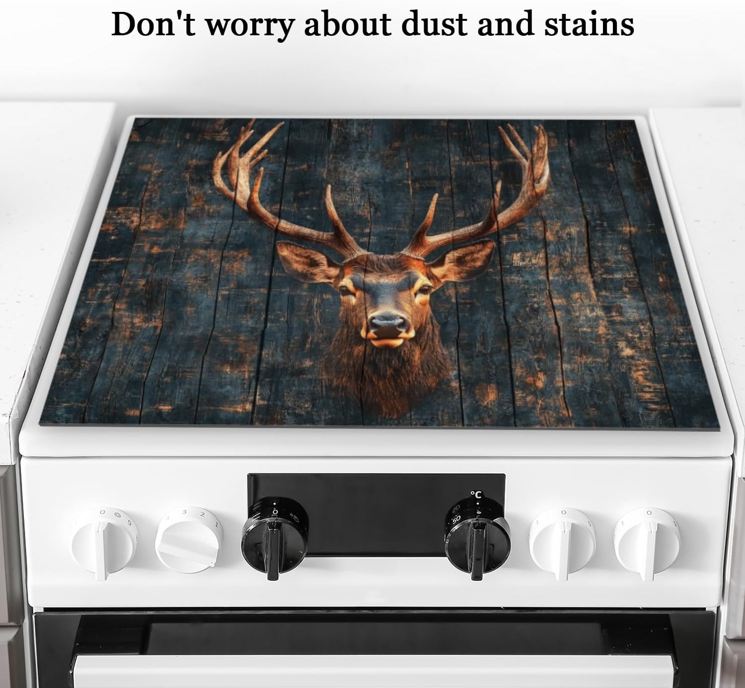 Stove Top Covers For Electric Stove,Deer Head In A Rustic Style On Dark - Hued Wood Stove Mat For Glass Cooktop Protector,Extra Large Oven Range Top Cover 28X20In