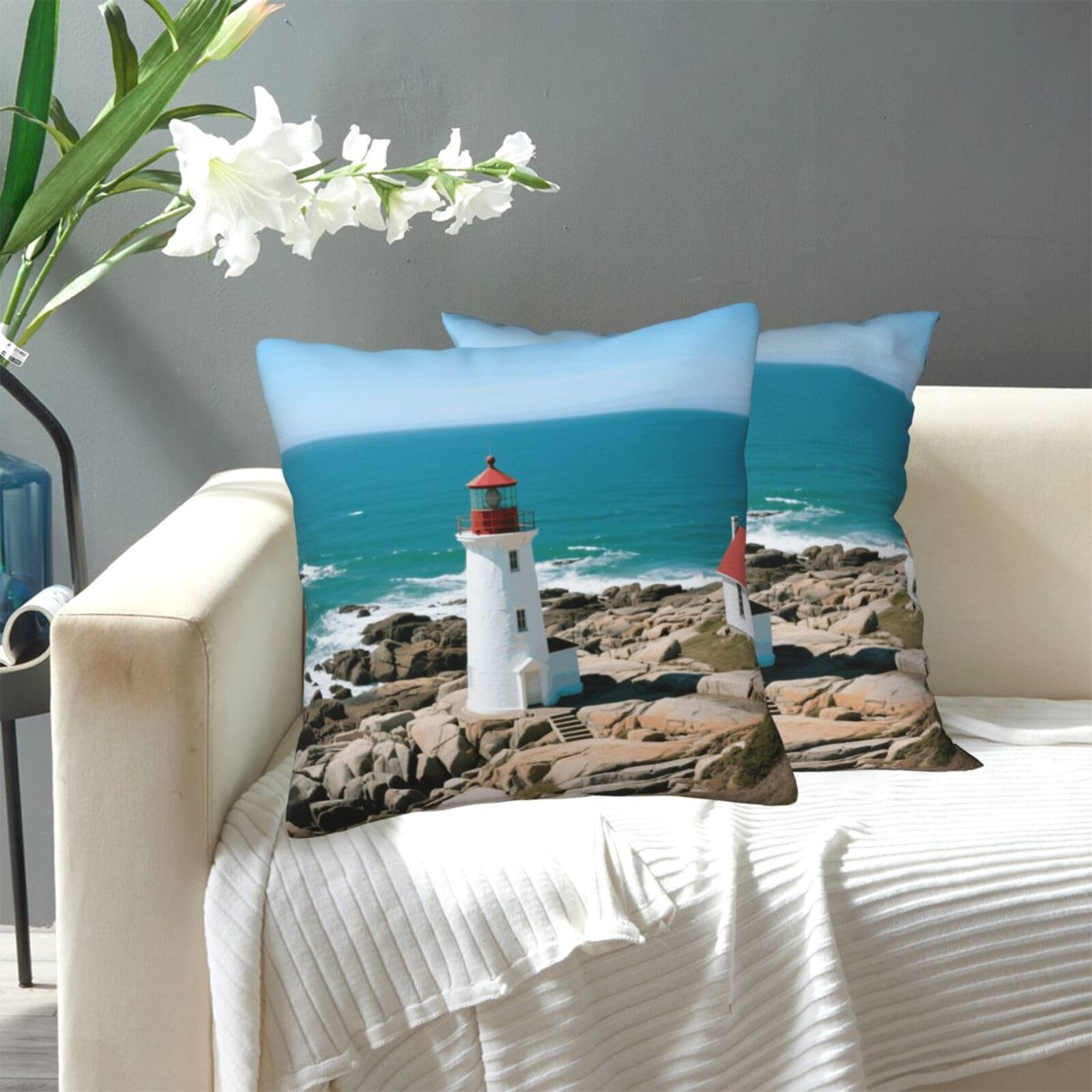 FekiLoot Decorative Throw Pillow Covers Modern Farmhouse Pillowcase Double Sided Cozy Cushion Cover for Sofa Couch Bed 16"X16" Lighthouse