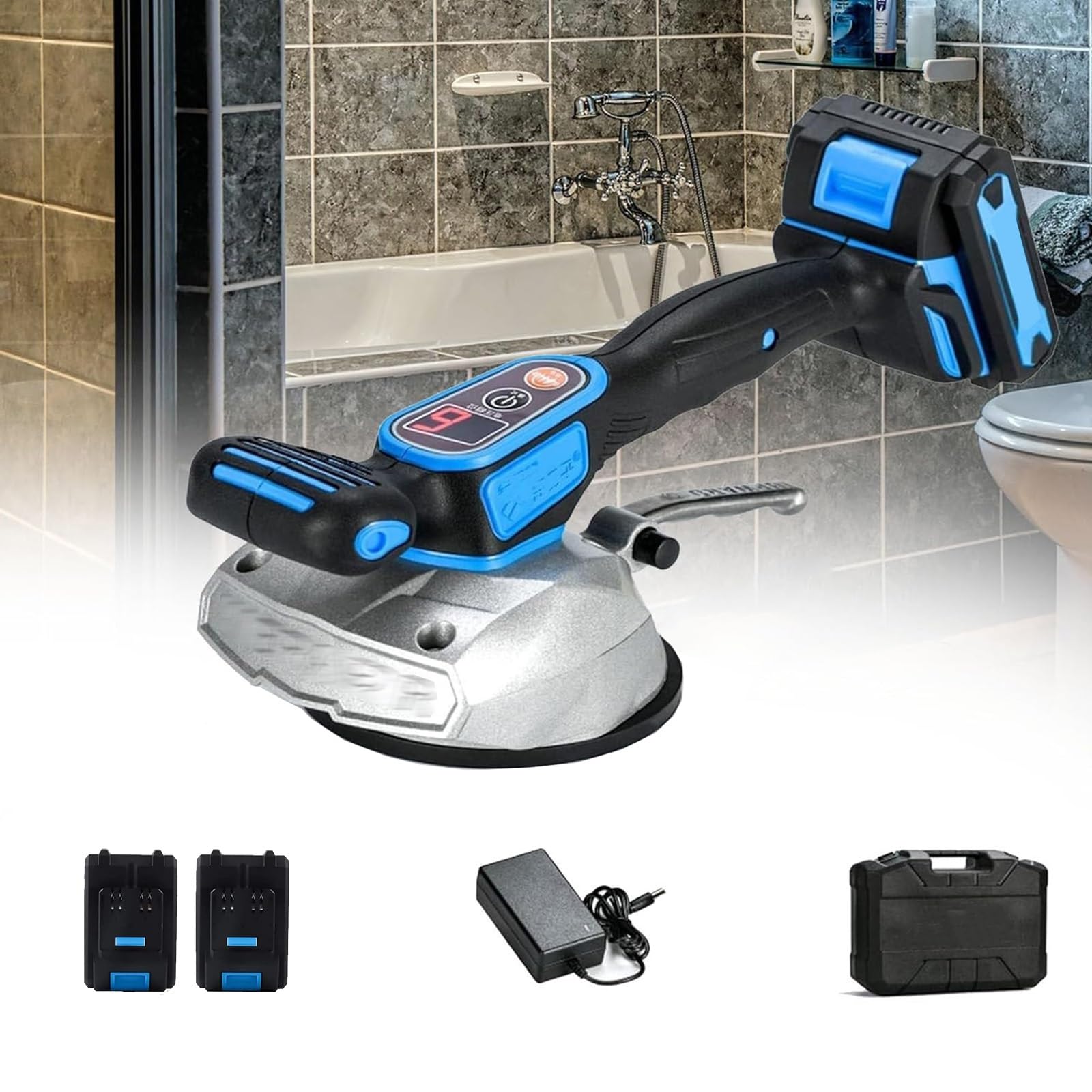 21V Piastrellista Elettrico A Ventosa, Piastrellista Portatile, 6 Velocità Regolabili/Ventosa Da 12cm/Display Digitale/2 Batterie, Per Installazione Di Piastrelle Su Pavimenti E Pareti
