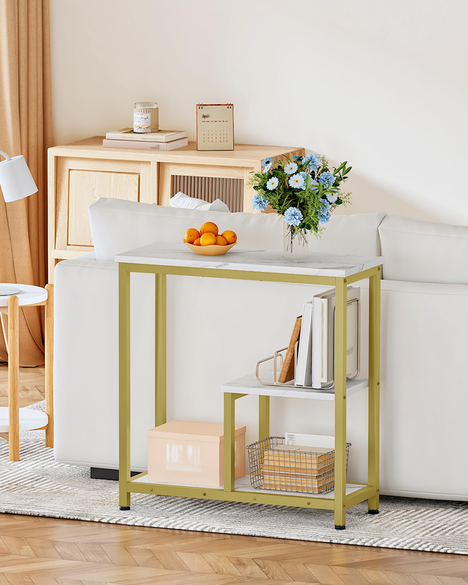 CHOEZON Konsolentisch, 3-stufige Eingangskonsole, moderner Beistelltisch, mit Marmorstrukturfurnier, Metallrahmen, für Eingangsbereich, Wohnzimmer, Flur, Esszimmer, Marmorweiß und Gold DTXG03DJ