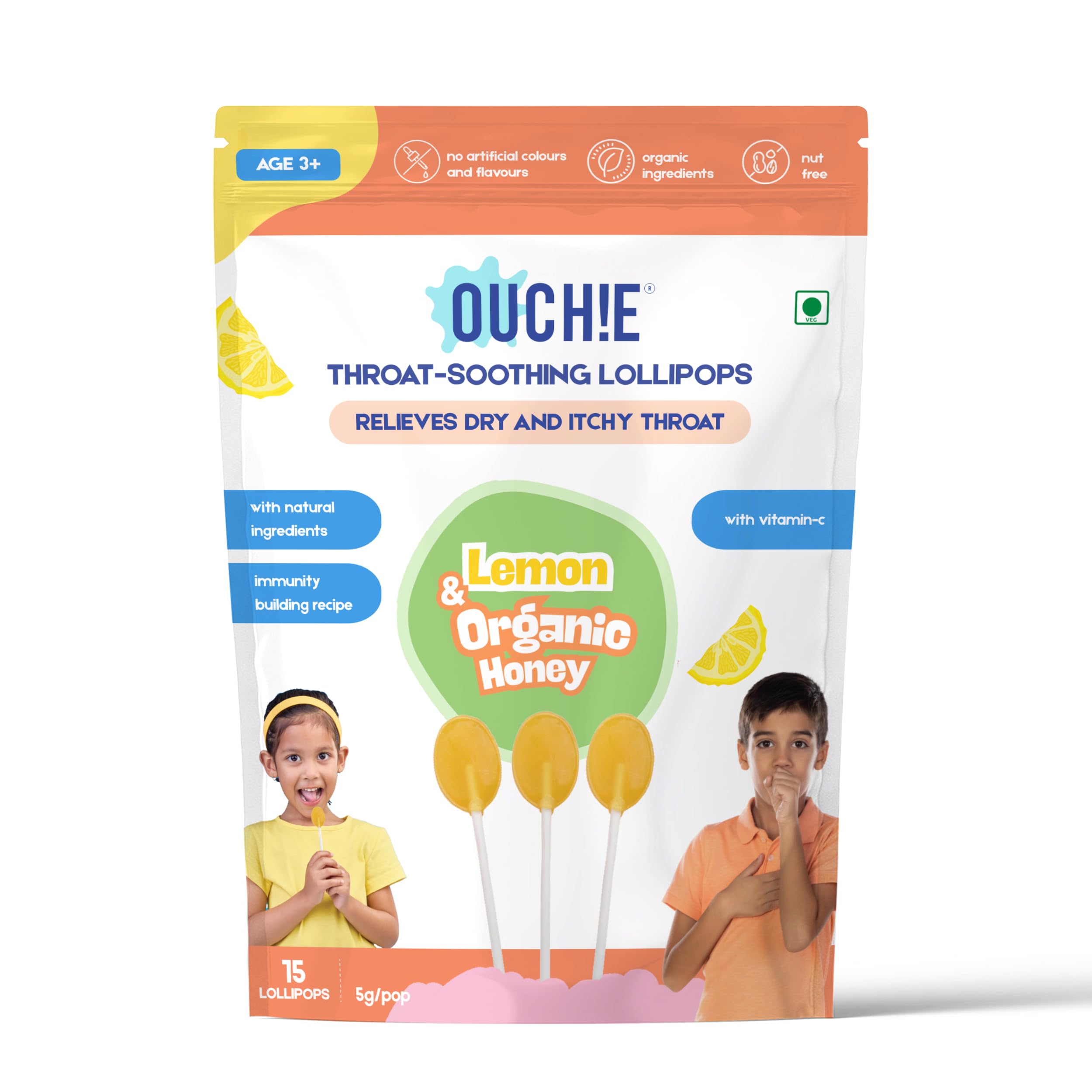 Kids Throat Soothing Lollipops | Lemon with Organic Honey, Vitamin C | Helps Relieve Painful, Dry & Itchy Throat with Immunity Support | Clean-Label | 15 Lollipops Per Pack-image-35