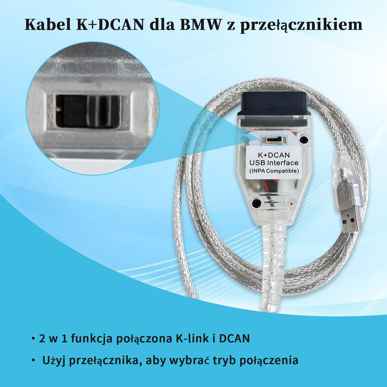 Kabel K DCAN OBD2 do USB do czytnika kodów BMW,Kabel K CAN z przełącznikiem Chip FTDI FT232RL,Kabel K Dcan do modeli BMW serii E 1998-2018 Pełne narzędzie diagnostyczne,Kompatybilny z systemem Windows