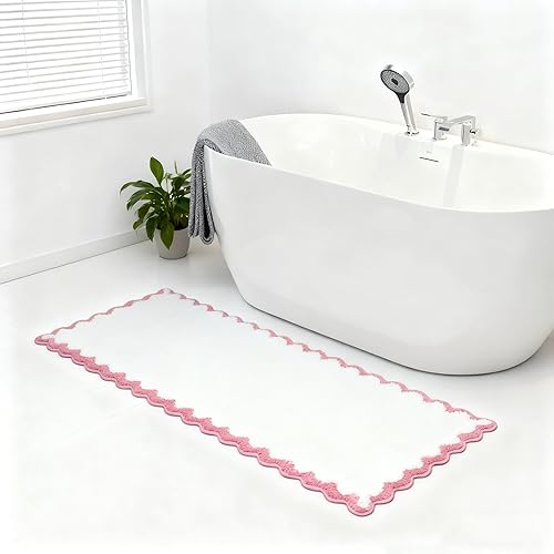 Miniatura 10 de ORTIGIA Alfombras de baño rosas con bordes ondulados, antideslizantes y lavables, tapetes de baño de microfibra suave y absorbente de secado rápido,