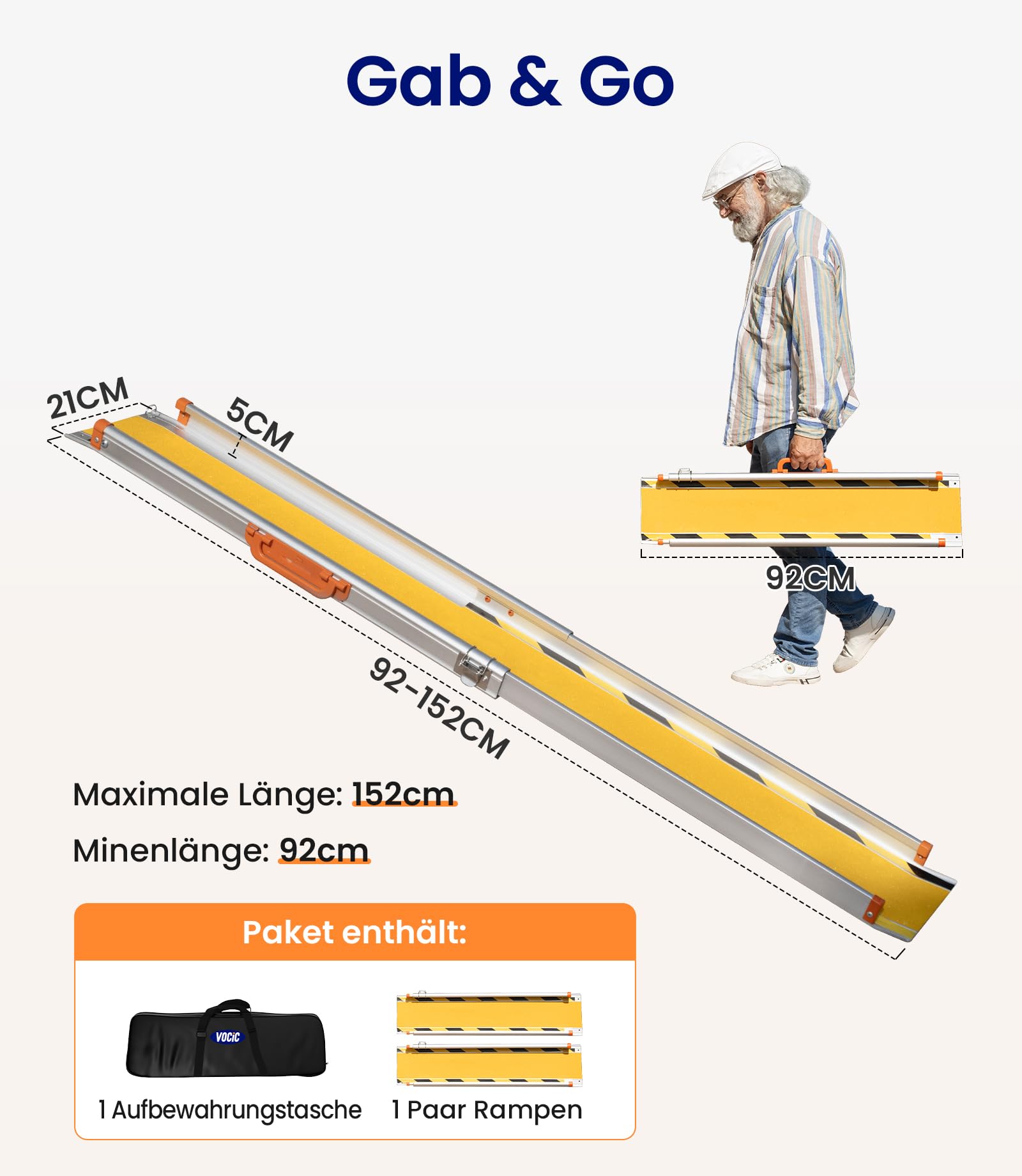 VOCIC CP31 Rollstuhlrampe für Treppen 92-152CM,Rampe für Rollstuhl tragbare | Aluminium klappbar stabil Teleskoprampe für Rollstühle nur 7KG, Fahrradrampe Auffahrrampe Laderampe bis 300KG,Gelb
