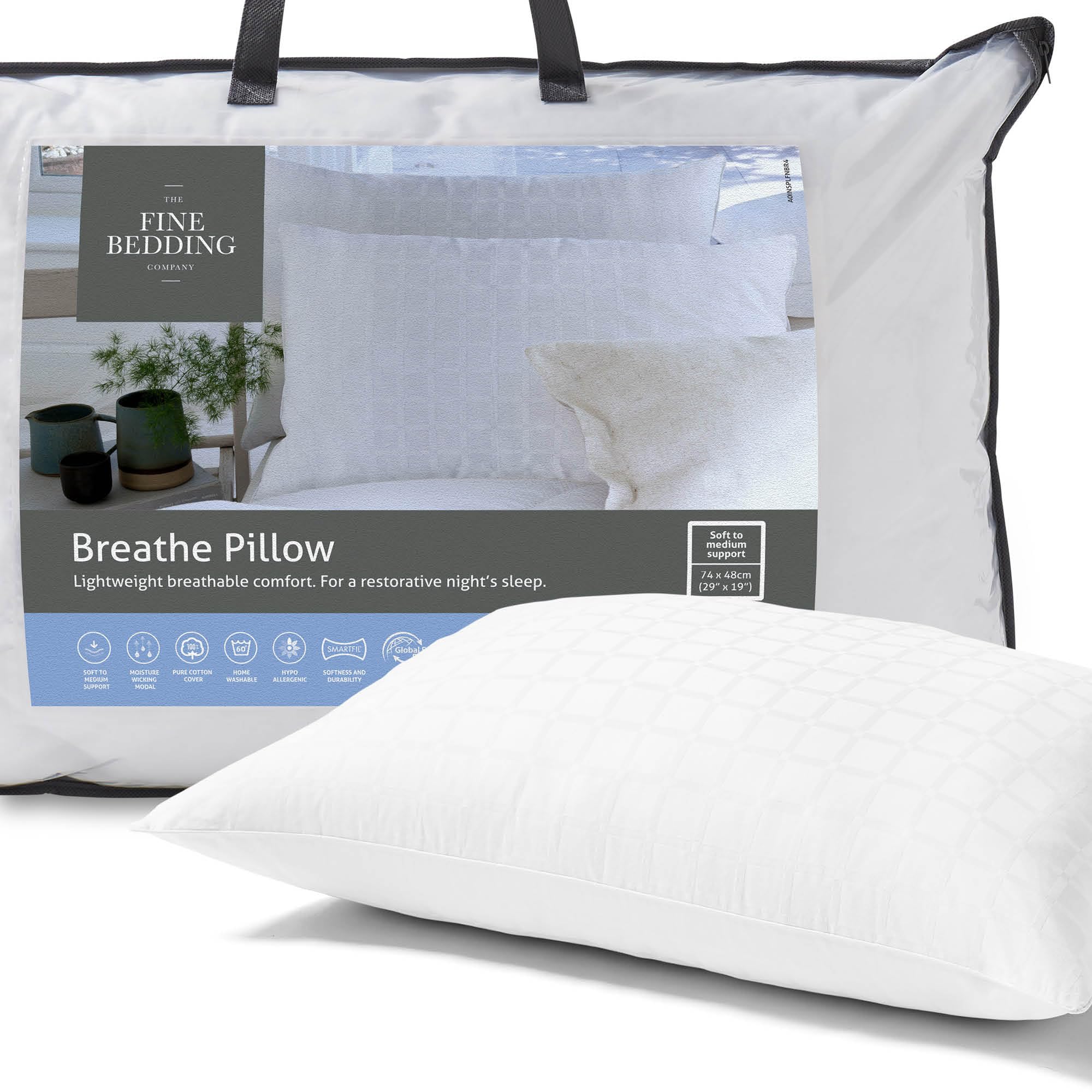 The Fine Bedding Company White - Breathe Pillow - Cooling & Moisture Wicking - Soft/Medium Support - Temperature Control - Machine Washable (Standard (Pack Of 4))