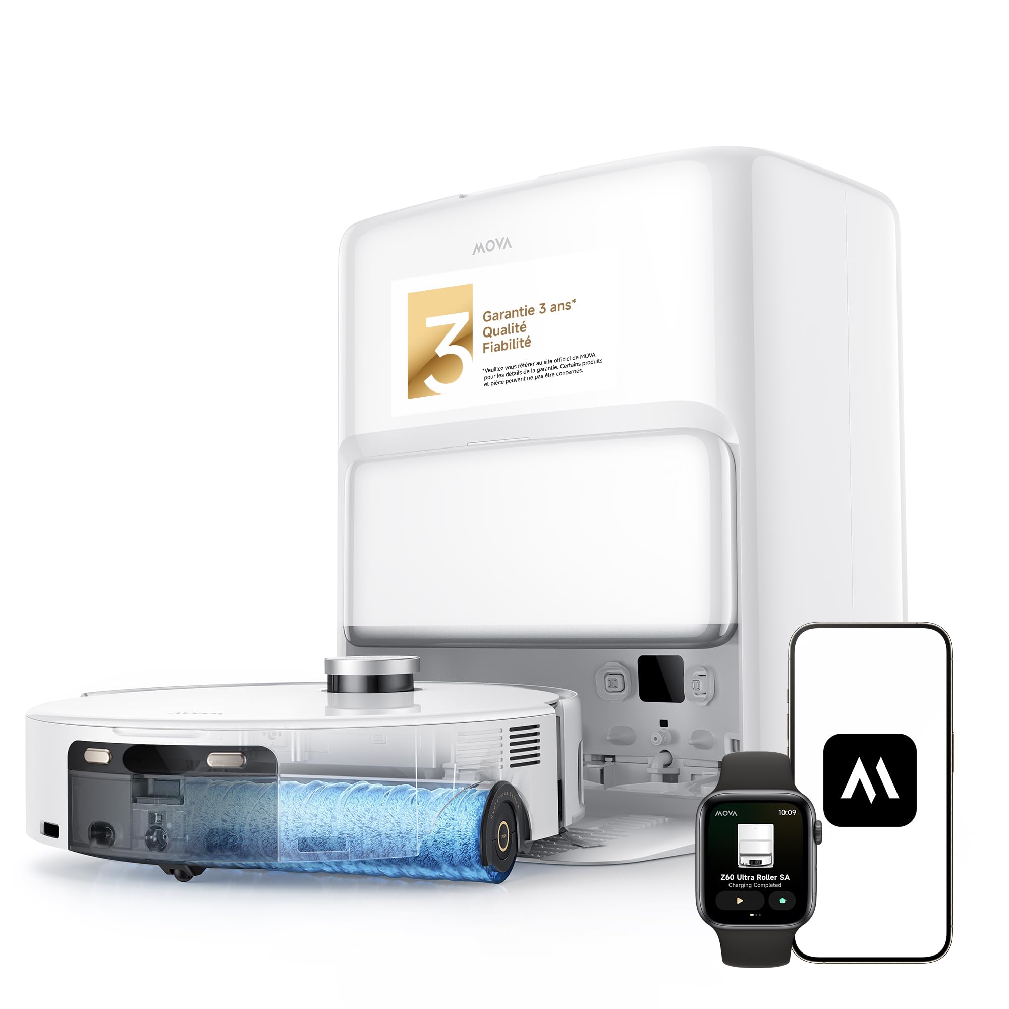 Mova Z60 Ultra Roller Standalone Aspirateur Robot Aspiration 26 000 Pa, Lavage HydroForce, Technologie MaxiReach, Radar FlexScope, AutoShield Tech, Triple mécanisme Anti Noeuds, Station Tout-en-Un