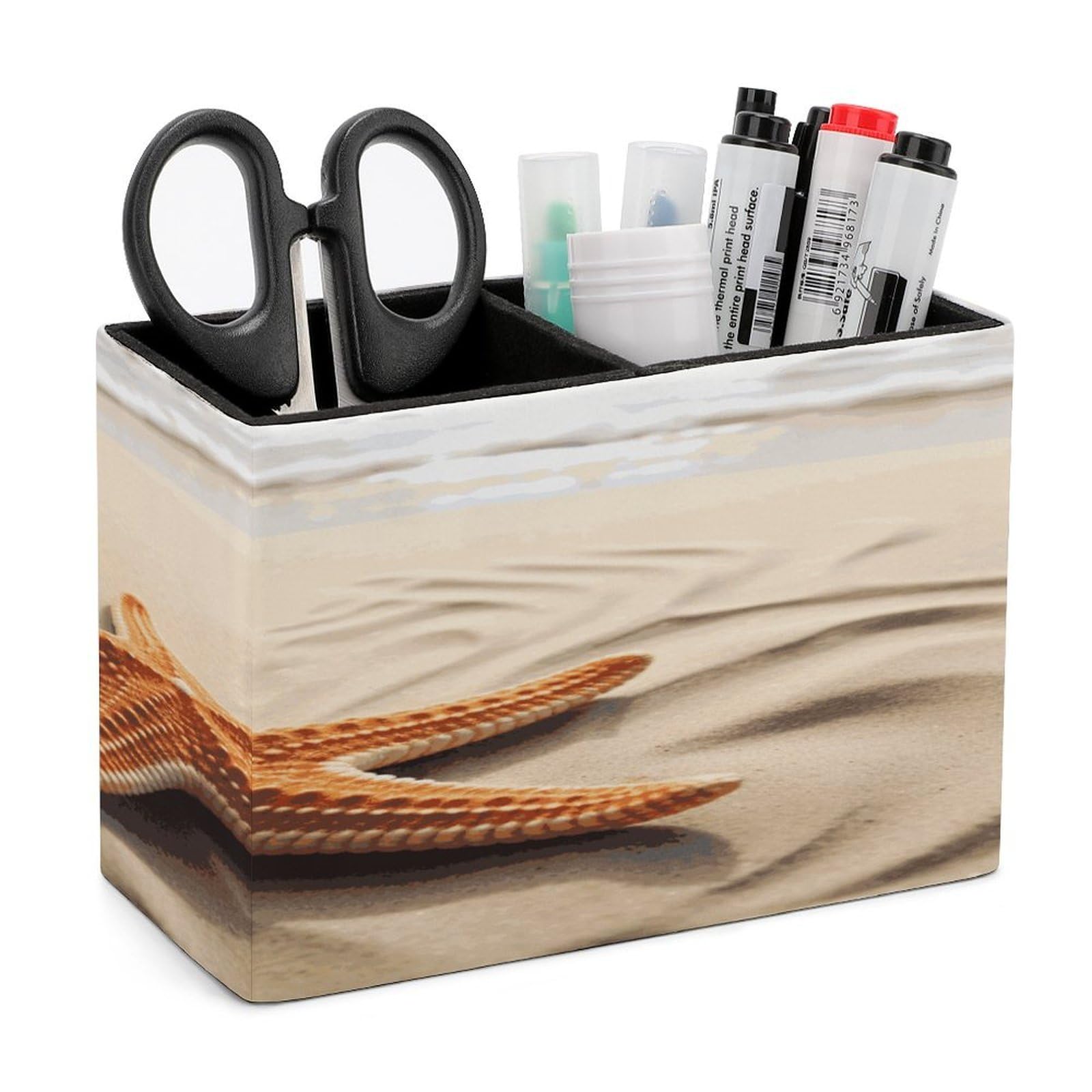 LDGSUPH Starfish on The Sand Beach Landscape Leather Pen Holder for Desk Organizer Caddy Large Pencil Cup Multi-function Pencil Holder Makeup Brush Holders Pen Organizer for Home Office Storage Box
