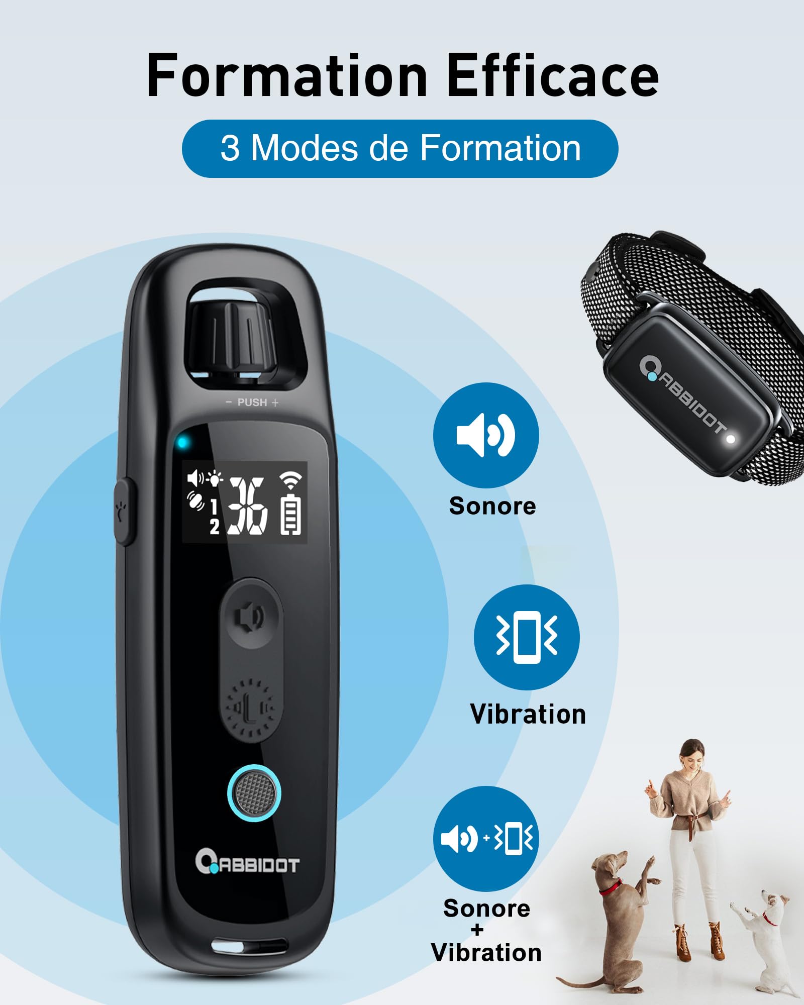 Cane Collare da addestramento ABBIDOT portata 1000 m, 4 modalità di illuminazione, segnale acustico, vibrazione, vibrazione potenziata, impermeabile IPX7