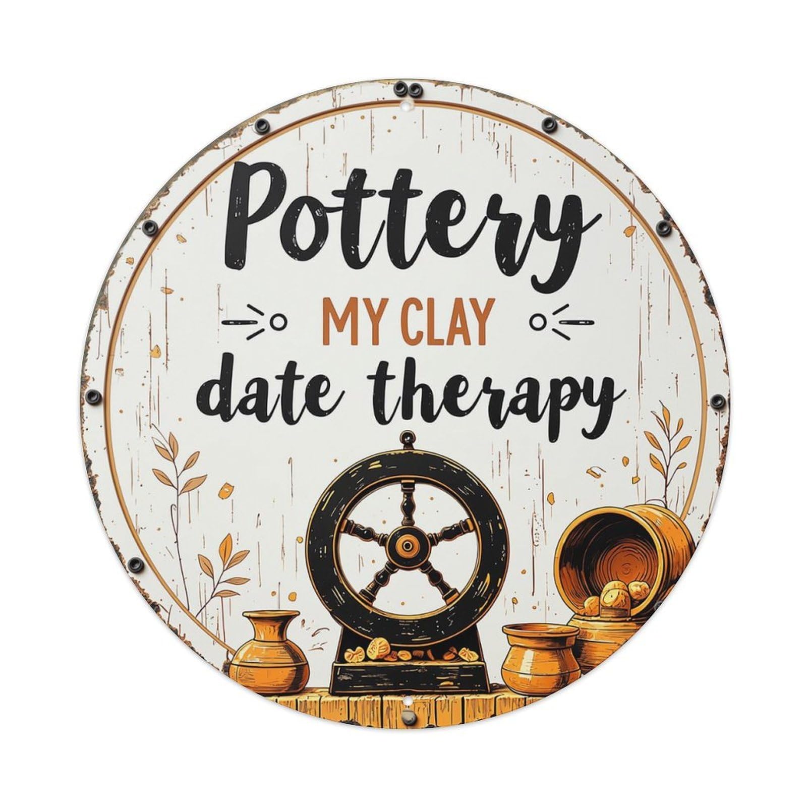 Pottery Wheel Clay Pots Leaves Retro Metal Sign Round Tin Sign, Vintage Decor Art Poster for Bar, Home, Man Cave, Kitchen, Laundry Room Gift 8x8Inch