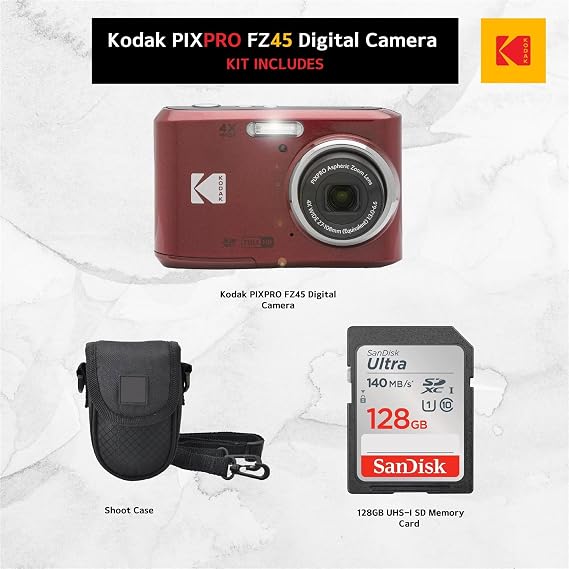 PHOTO4LESS Kodak PIXPRO FZ45 Digital Camera + Point & Shoot Camera Case + Sandisk 128GB SDXC Memory Card..