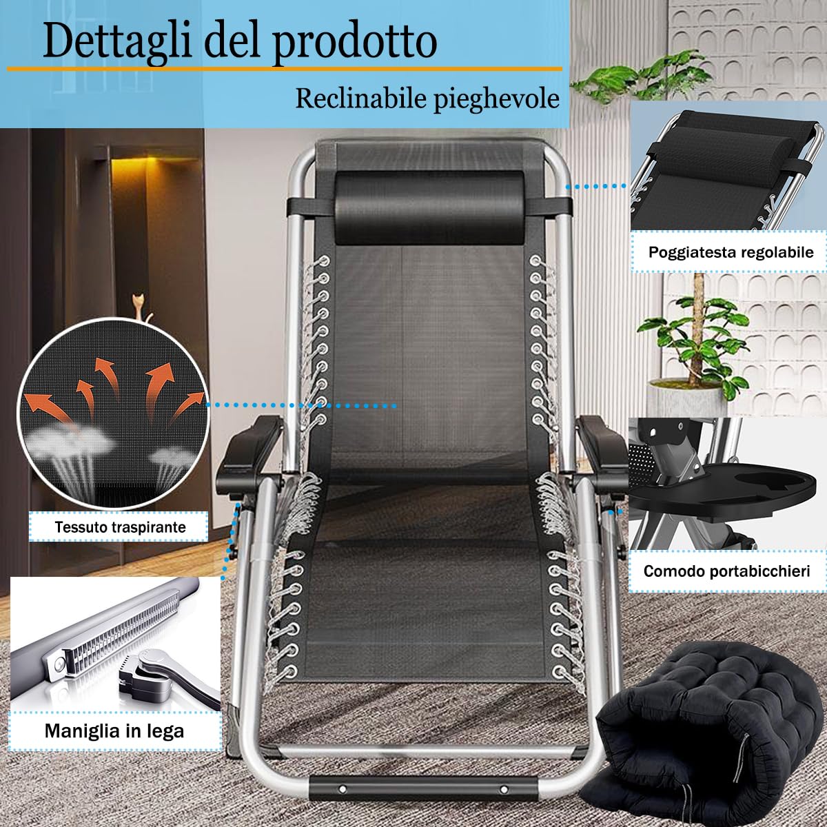 Sedia a Sdraio Pieghevole da Giardino con Supporto per Bevande, Sdraio Relax Traspirante per Terrazzo Esterno e Interno, Gravità Zero (A-cuscino Nero, Set da 1)