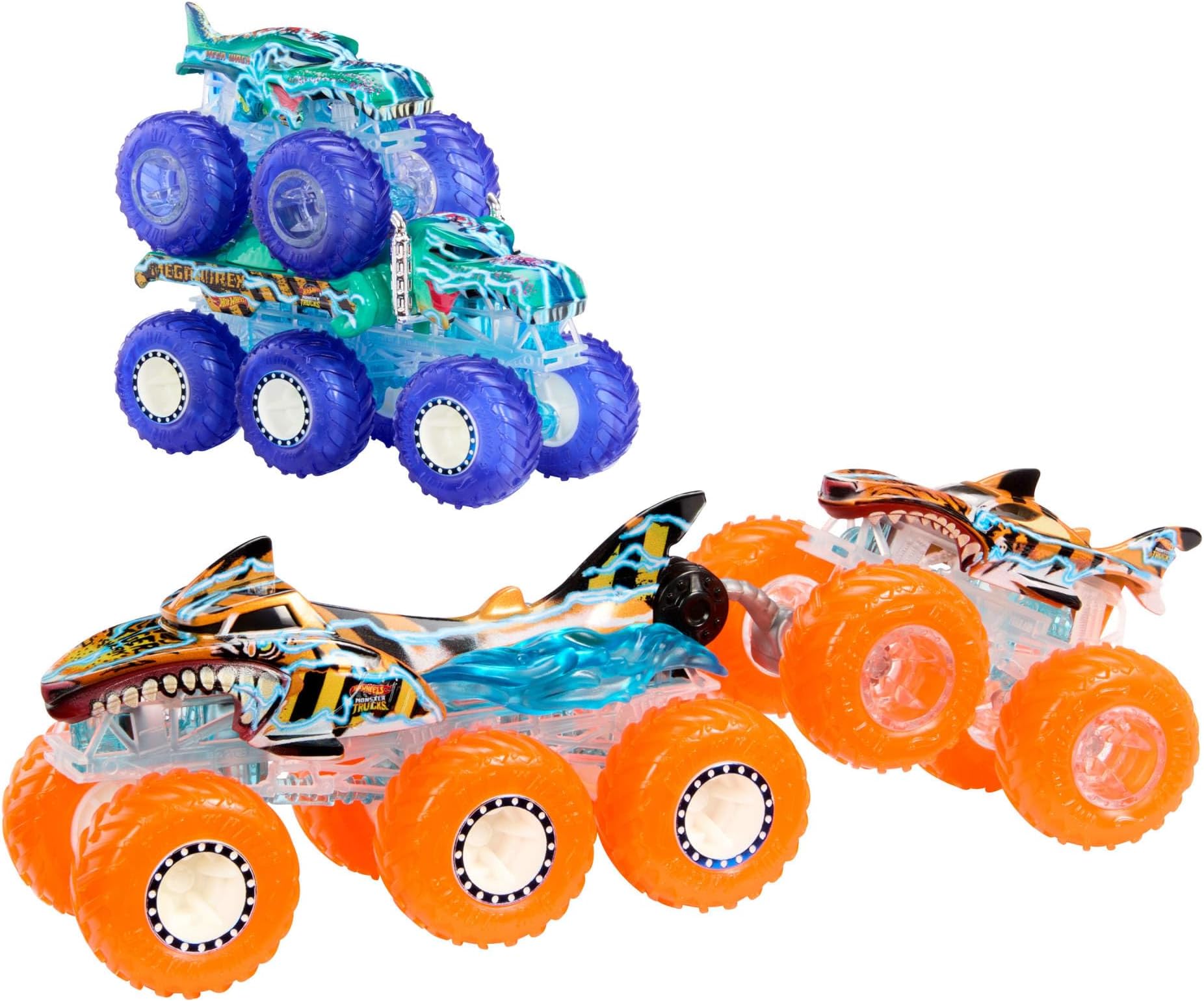 Hot Wheels Monster Trucks 1:64 Scale Tiger Shark and Mega-Wrex Truck Multipack and Their Big Tir and Transporter with Power Smashers Decorations Kids Toy 3+ Years HYJ29