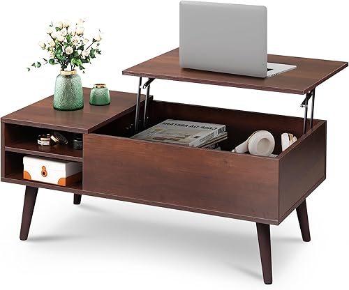 Miniatura 10 de WLIVE - Mesa de centro de madera con parte superior elevable, compartimento oculto y estante de almacenamiento ajustable, mesa elevable para comedor