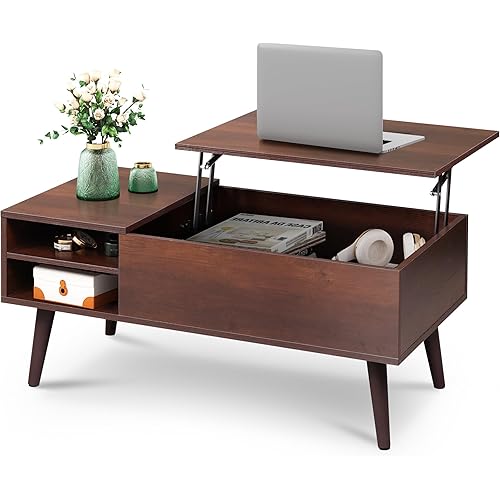 WLIVE Lift Top Coffee Table for Living Room,Small Coffee Table with Storage,Hidden Compartment and Adjustable Shelf,Mid Century Modern, Wood,Cherry,Espresso.